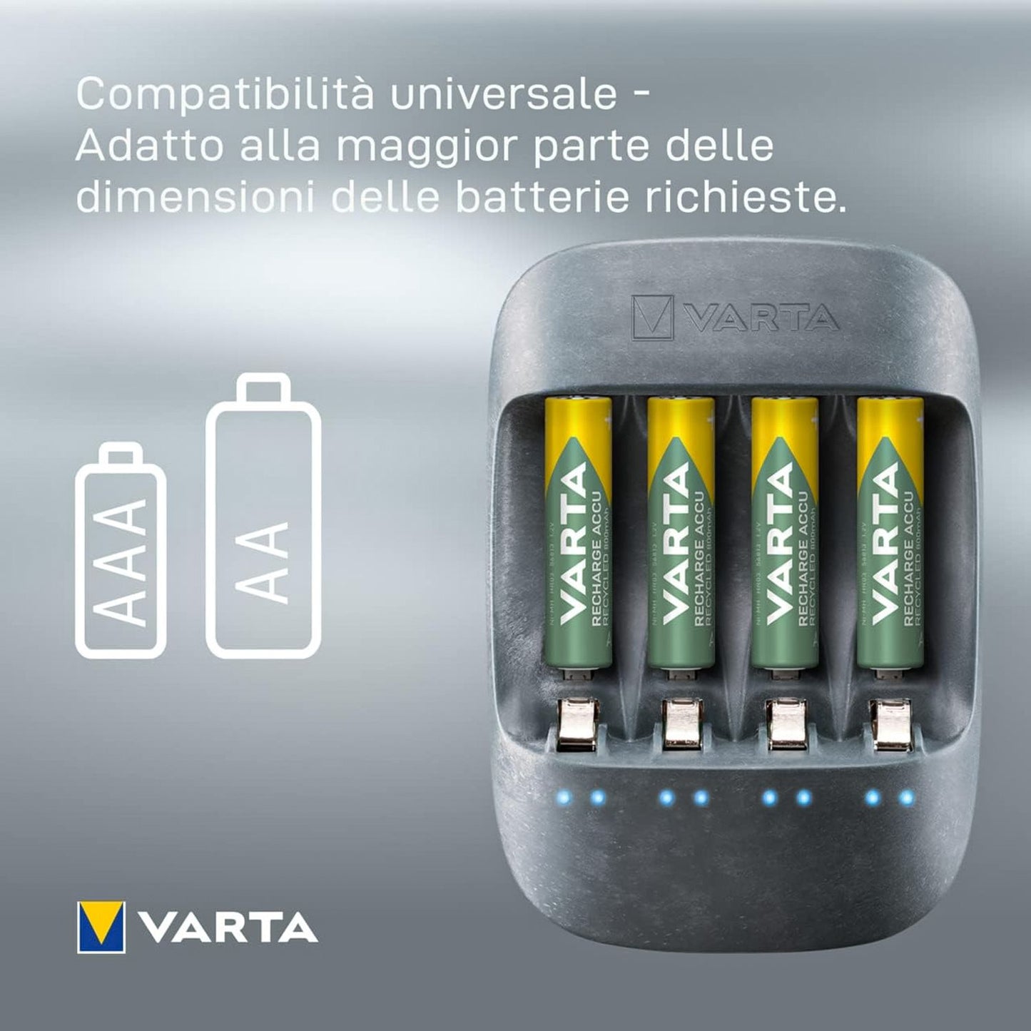 Chargeur de batterie Varta Fast pour AA et AAA, 4 emplacements, charge les stylets et les piles du stylet en 1,5 heure, indicateur de charge LED, matériau éco-durable
