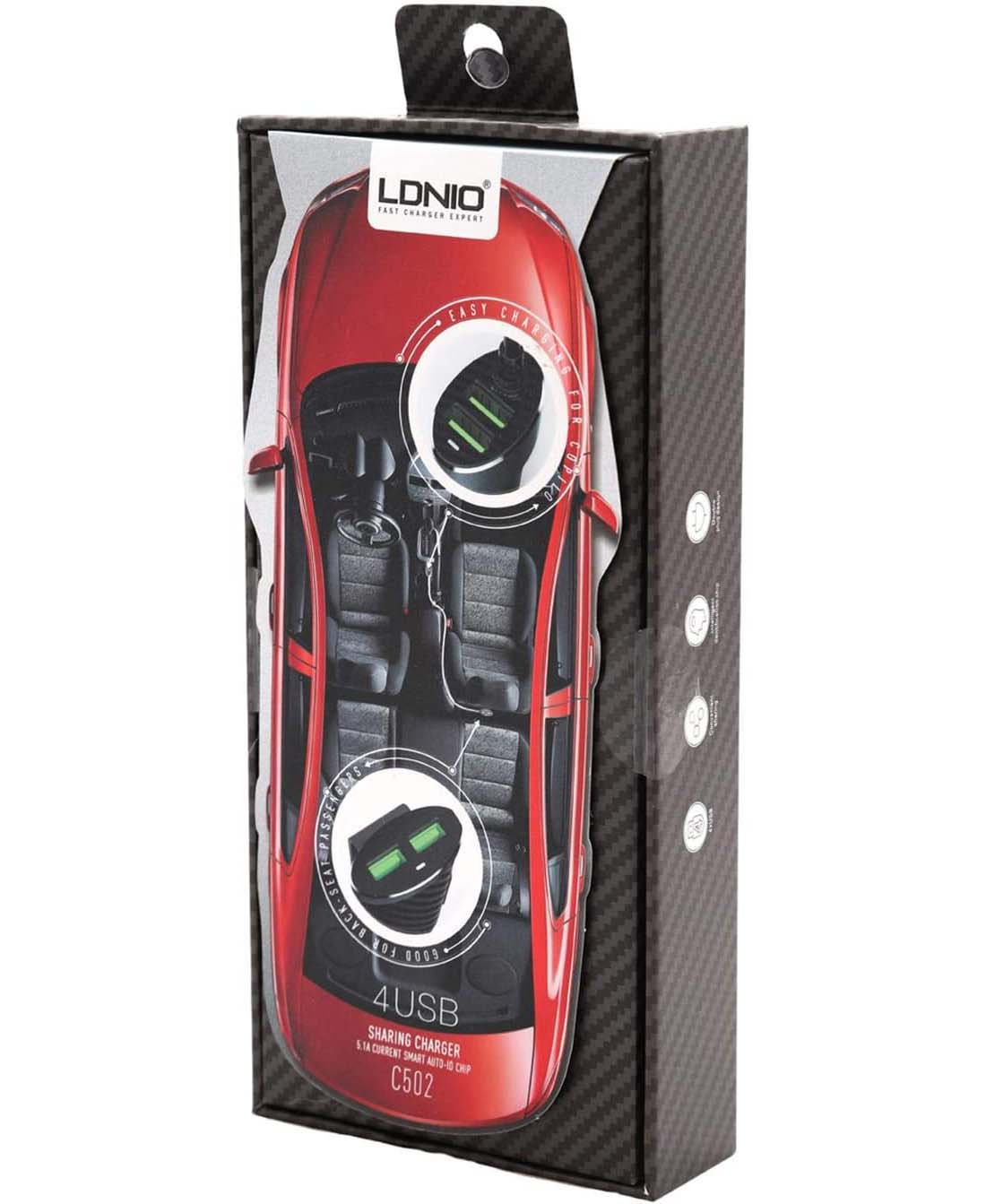 Ldnio caricatore per auto con 4 uscite USB, caricabatterie per auto universale 25.5W con prolunga per passeggero posteriore