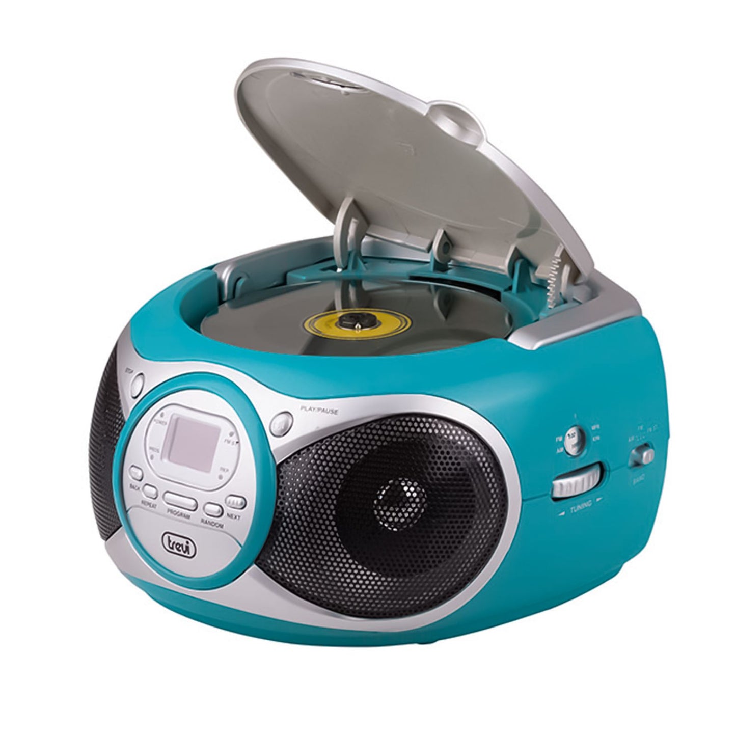 Trevi boombox portable stereo with CD player and aux input, FM radio, turquoise colour