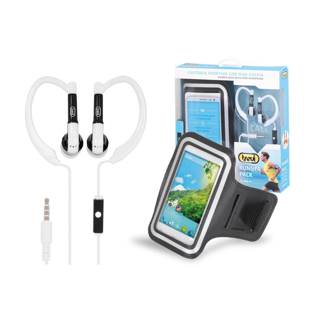 Trevi Runner Pack Écouteurs et brassard ergonomiques, écouteurs de course à ajustement anatomique, écouteurs filaires