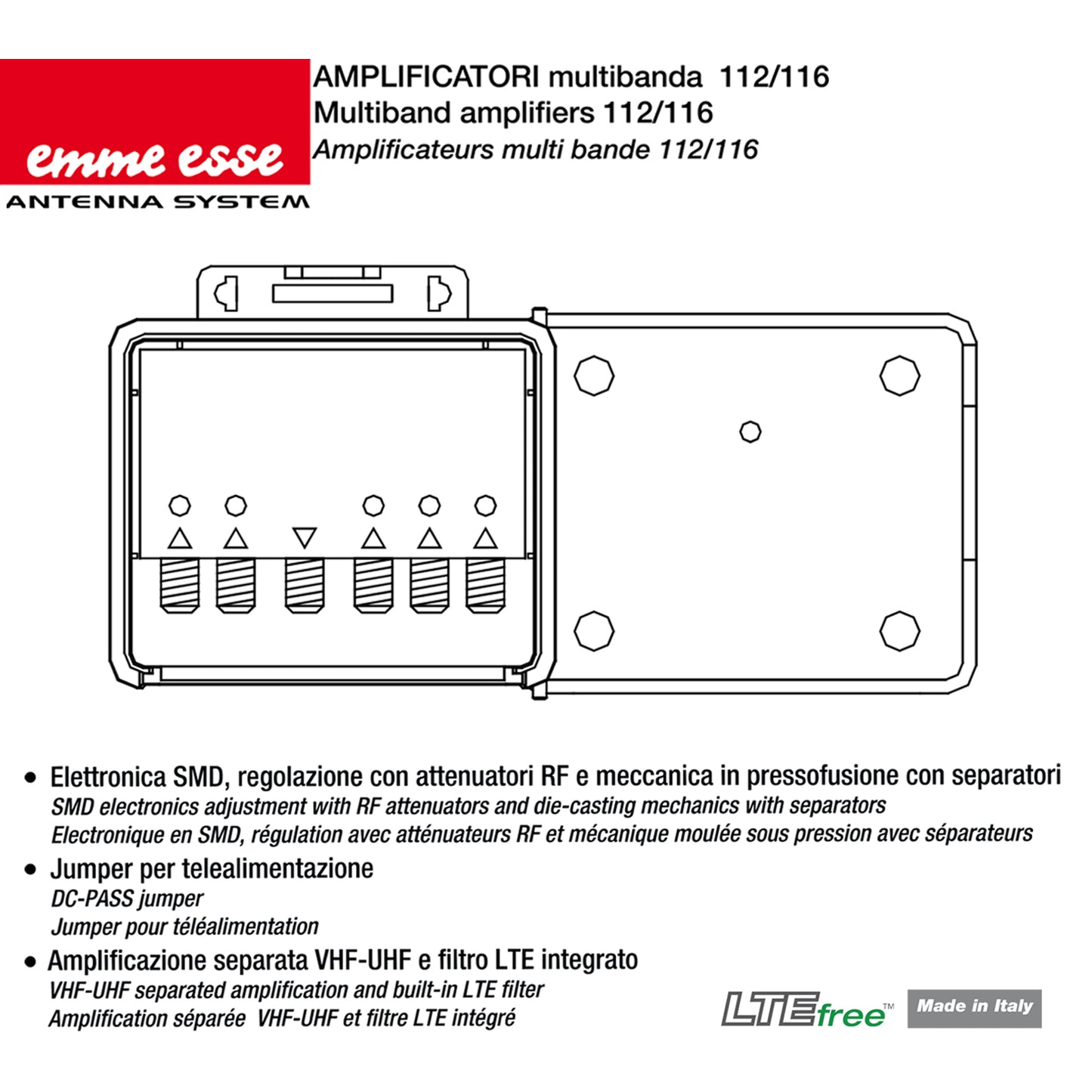 Emme Esse 83522TG VHF-UHF 112-116 dBuV mast amplifier, multiband amplifier, integrated 5G and LTE filter