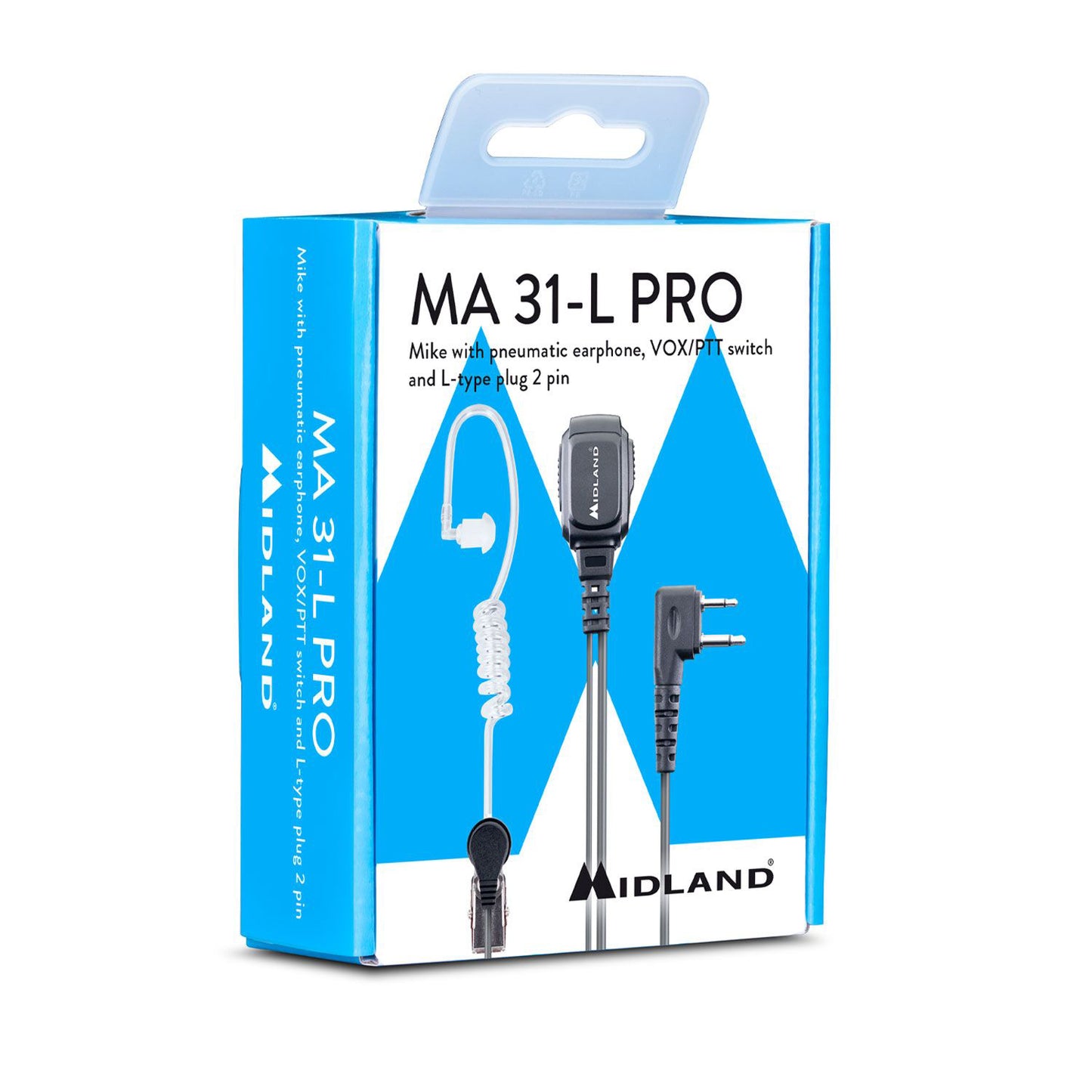 Midland MA31-L PRO Microfono con auricolare pneumatico PTT, connettore L a 2 pin, selettore push to talk e VOX