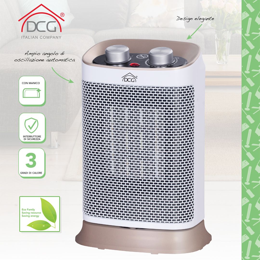 DCG Stove with oscillating ceramic heating elements, elegant design, electric heater with adjustable thermostat