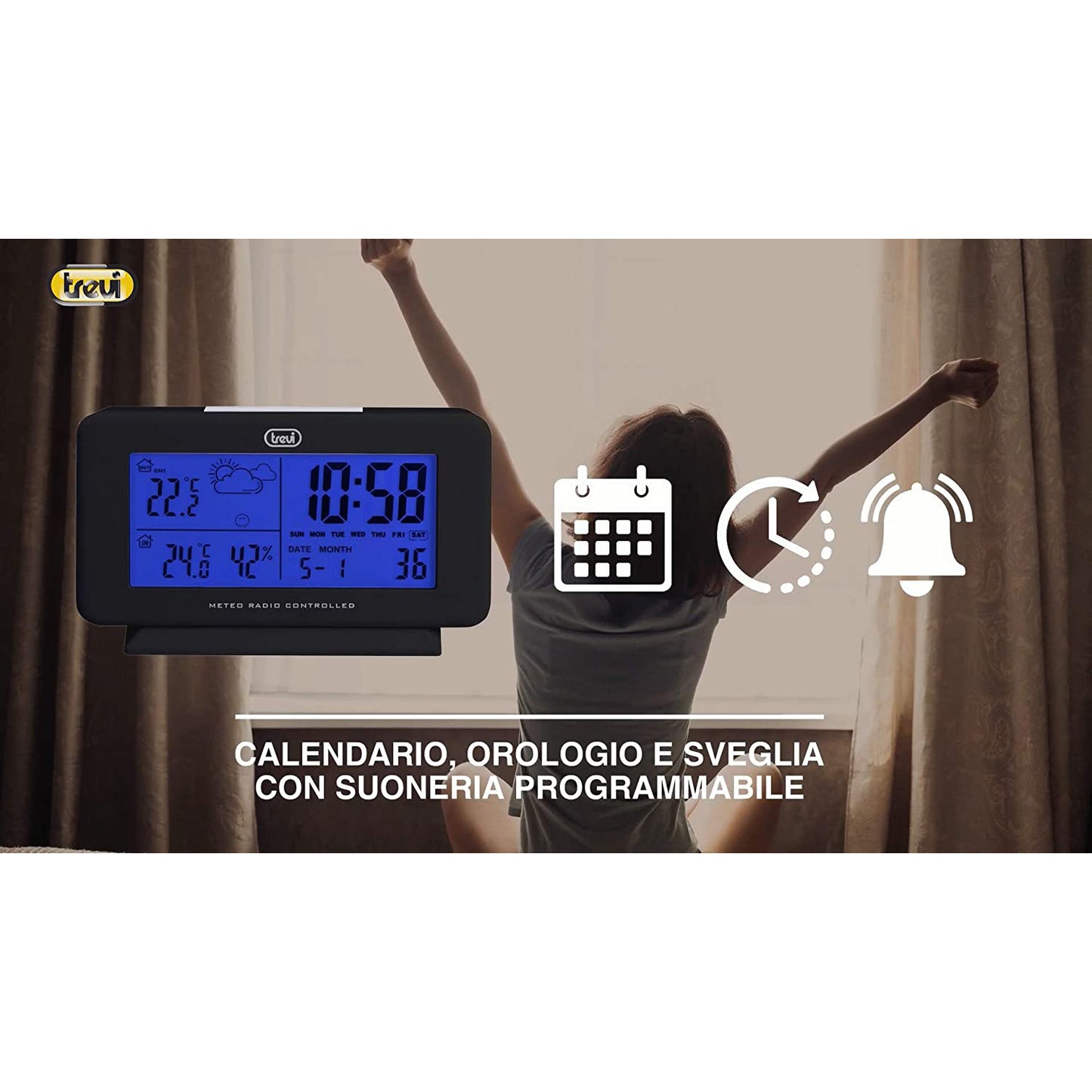 Trevi Stazione Meteo Radiocontrollata con Sensore Esterno Senza Fili, Temperatura, Sveglia/Calendario, Nero