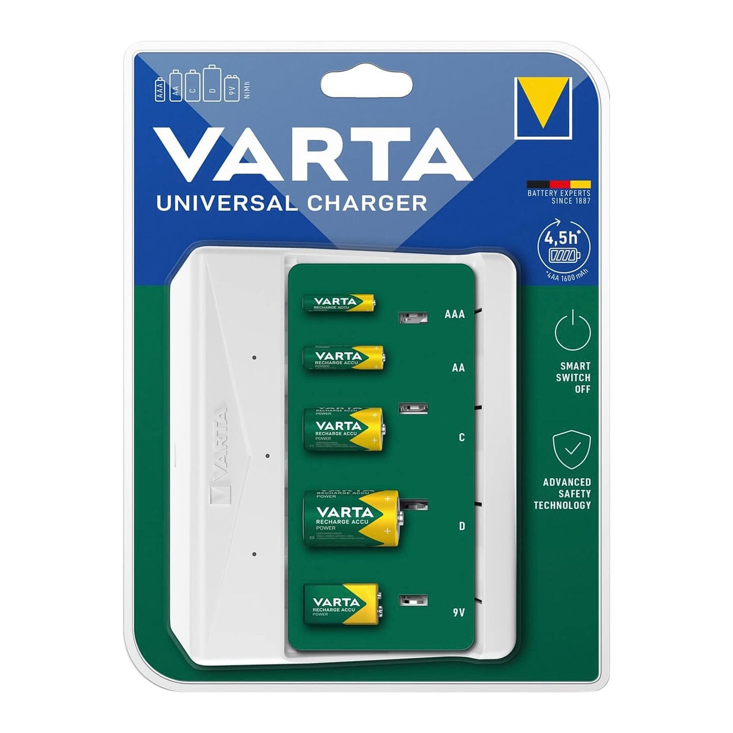Varta Chargeur de Piles Universel pour AA, AAA, C, D et 9V, Chargeur de Piles Rechargeables avec Indicateur LED