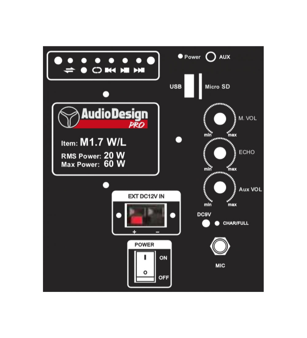 AudioDesignPro M1 7W/L diffusore portatile, cassa portatile con woofer da 170 mm, bluetooth e microfono incluso