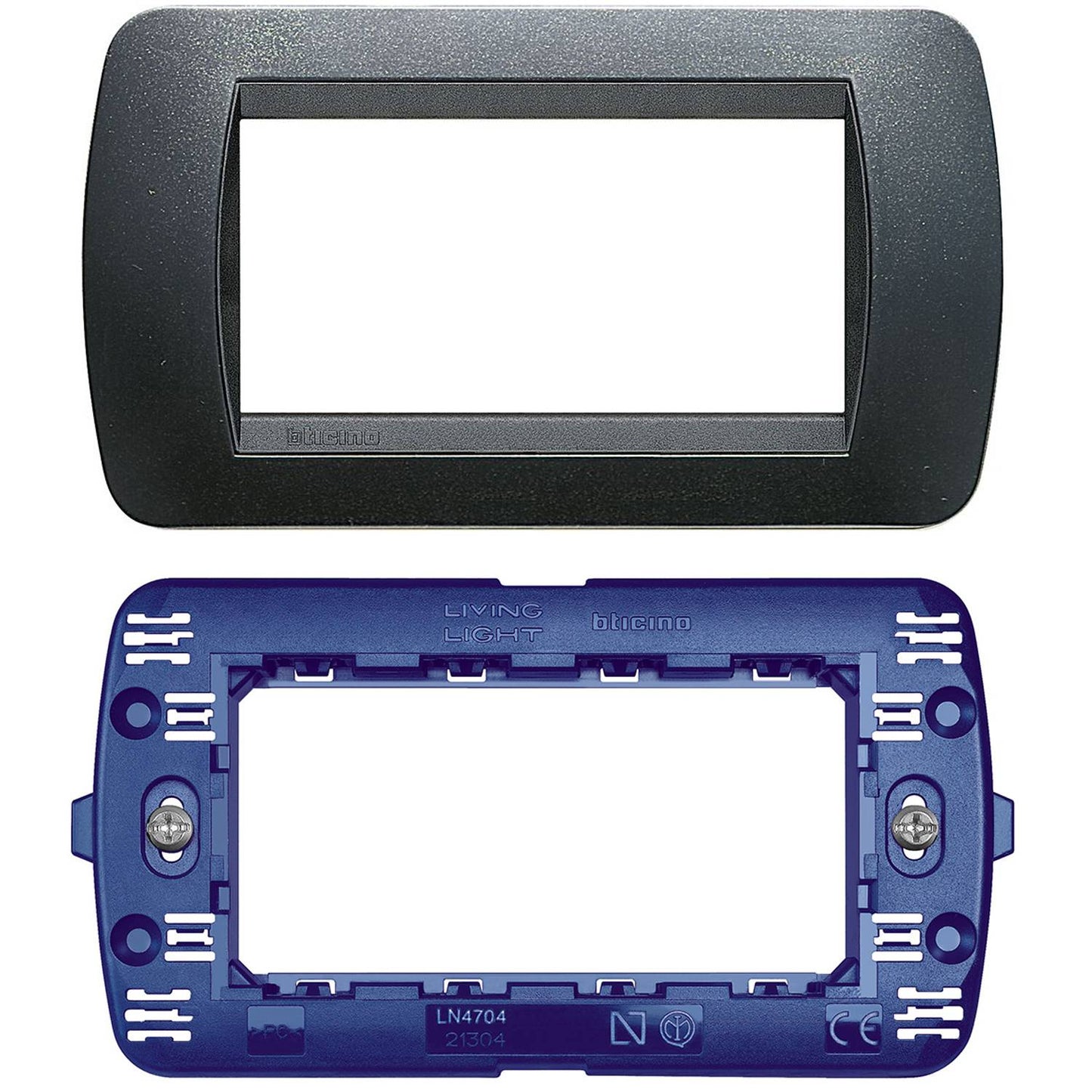 Bticino Set supporto e placca a 4 moduli serie Livinglight, placchetta per interruttori luci e prese, Serie Civile Ticino Living (1, Supporto e Placca Nera 4 Posti)