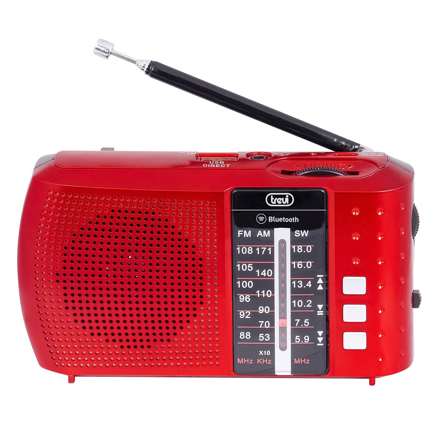 Radio portable Trevi multibande, stéréo avec fonction Bluetooth, entrée USB, lecteur micro SD, couleur rouge