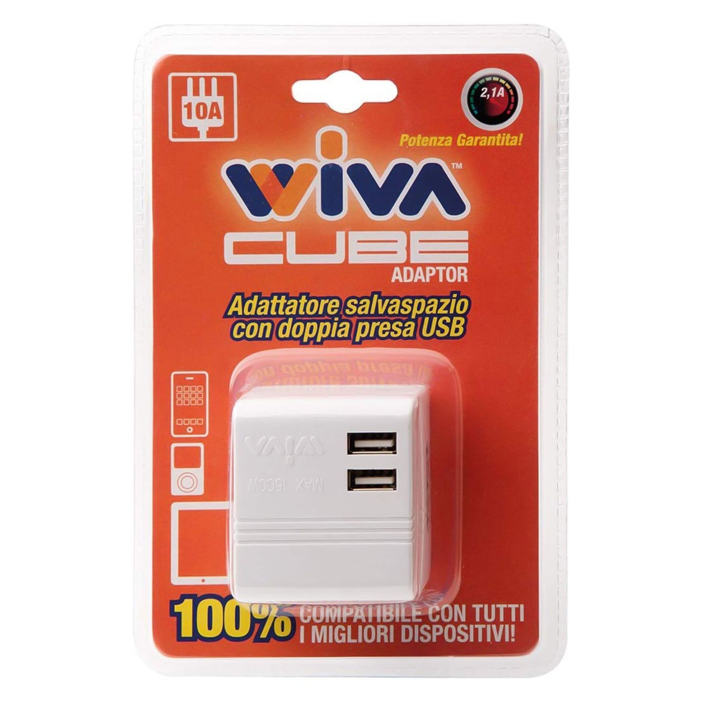 Wiva Cube Adaptor Adattatore salvaspazio con 2 prese 16A 2P+T Standard Bipasso e due porte USB, Max 1500W