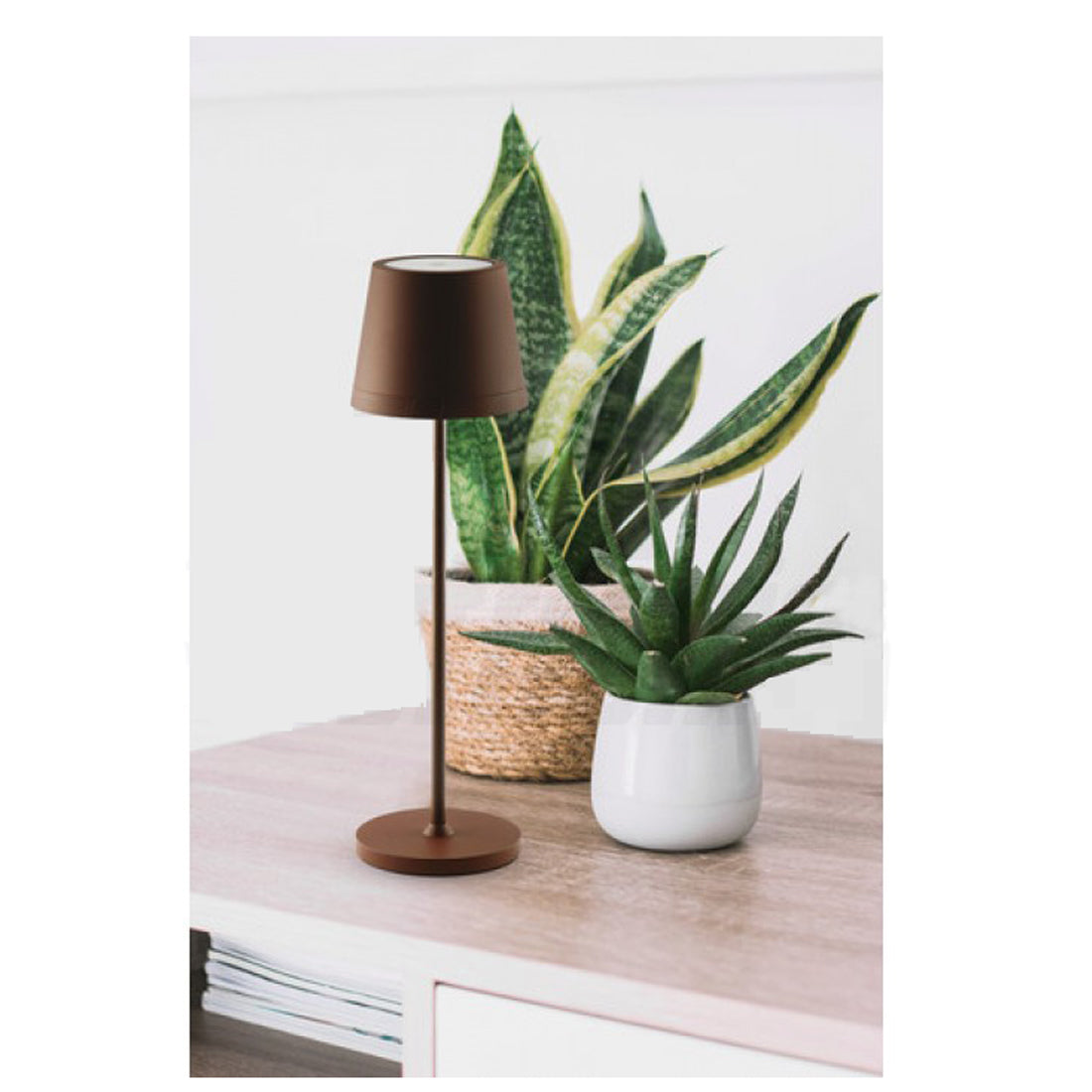 JOlight Lampada da tavolo LED a batteria ricaricabile, abajures marrone in alluminio, interruttore touch, intensità luminosa dimmerabile