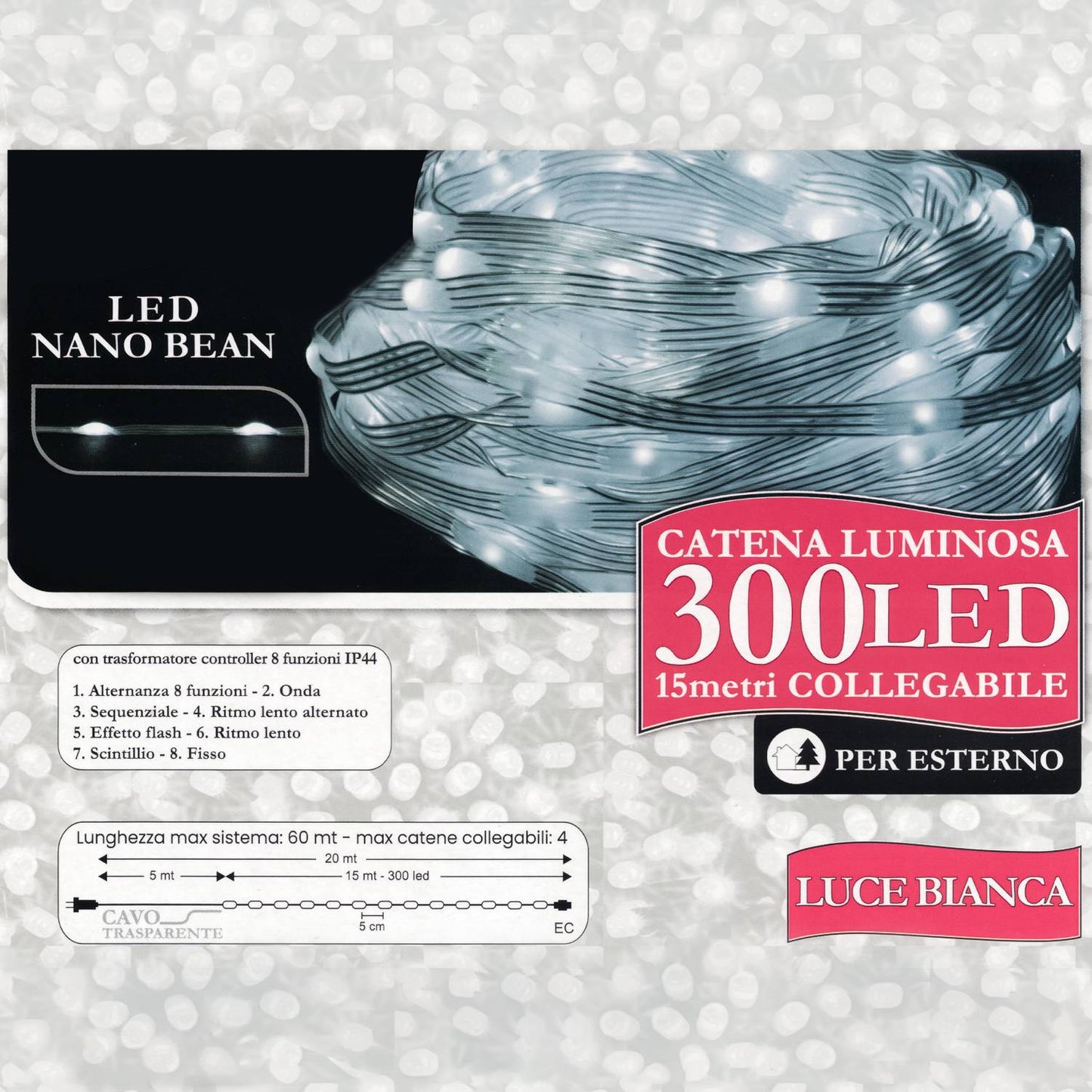 Decoled Guirlande lumineuse d'extérieur 300 LED lumière blanche, lumières de Noël modulaires LED nano bean IP44, décorations lumineuses étanches, câble transparent