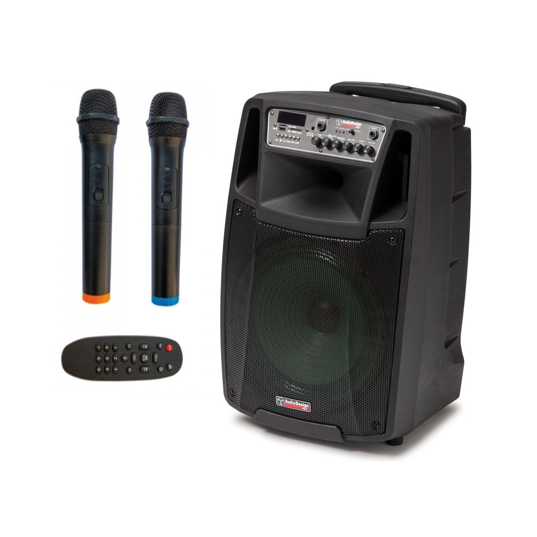 Audiodesign Pro Haut-parleur actif portable alimenté par batterie, haut-parleur actif avec microphones sans fil, haut-parleur woofer 380 mm, haut-parleur Bluetooth