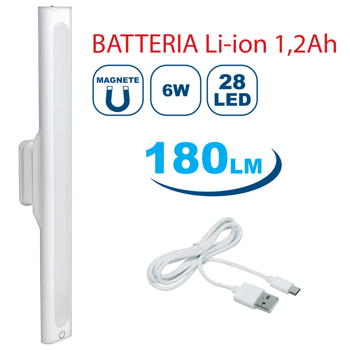LIFE Lampada LED 6W a batteria con supporto magnetico, barra luminosa 180 Lumen da scrivania, luce 4000K da parete ricaricabile per armadio o magazzino