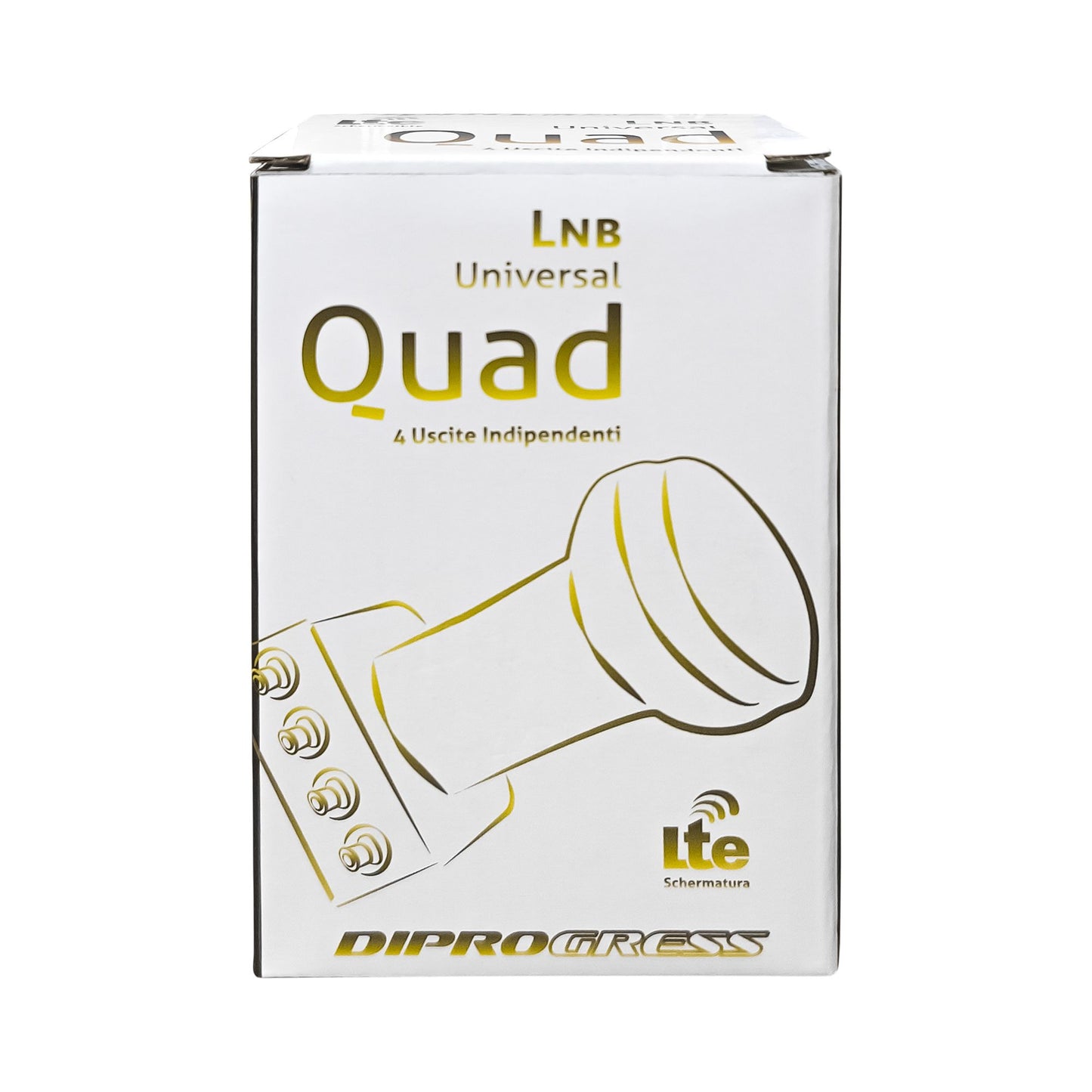 DIPROGRESS LNB Universal Quad, LNB universale con 4 uscite legacy indipendenti, blocco convertitore tecnologia PLL, L-Shape, Guadagno 59dB, Schermatura GSM/LTE
