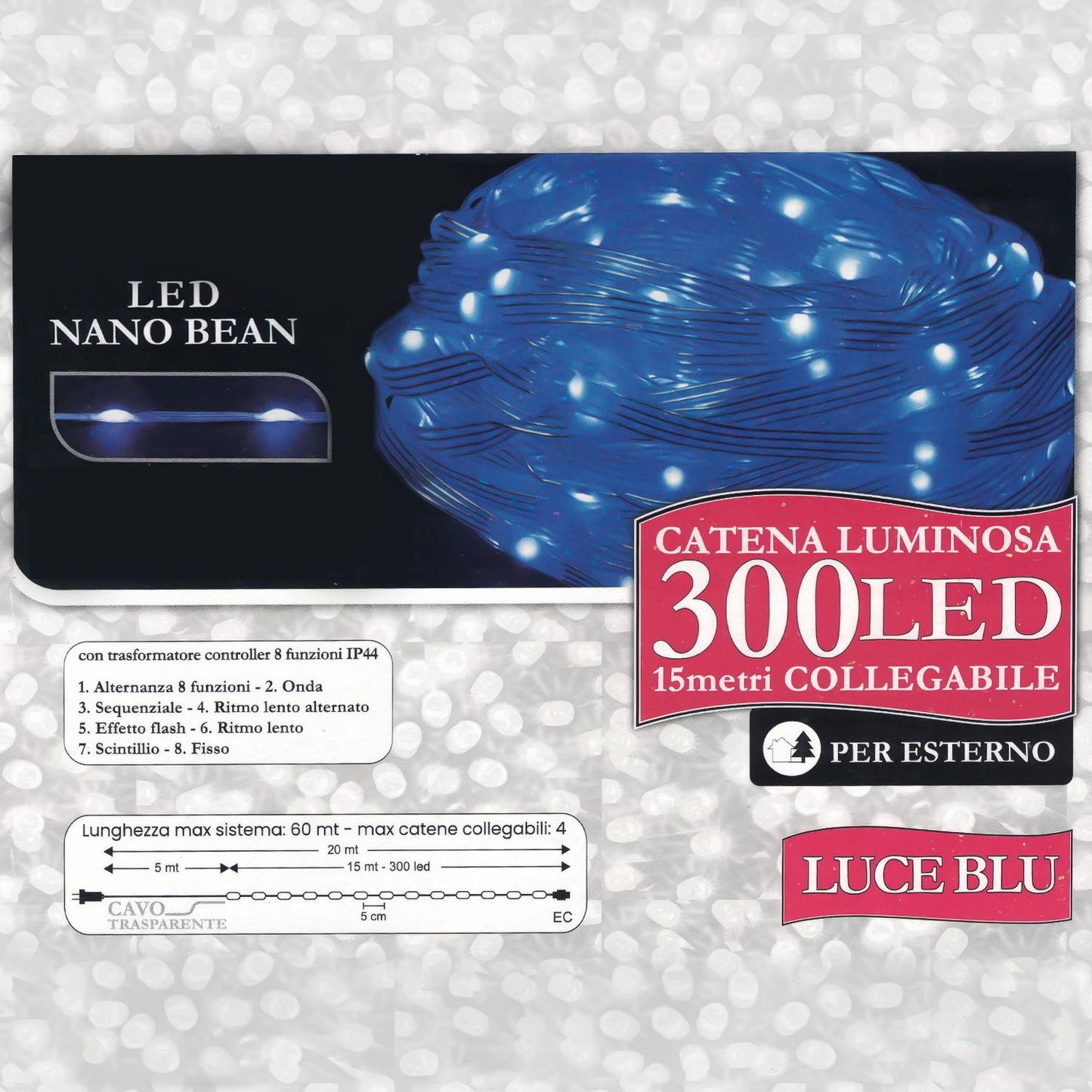 Decoled Guirlande lumineuse d'extérieur 300 LED lumière bleue, LED Nano Bean IP44, lumières de Noël modulaires, décorations lumineuses étanches, câble transparent
