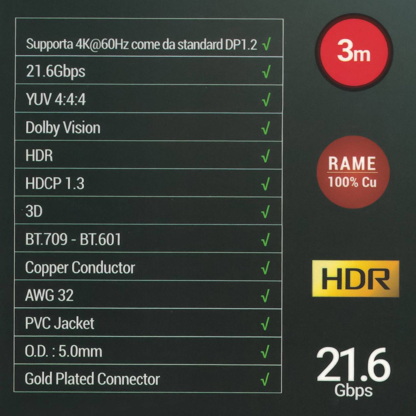 Câble GBC Display Port 1.2 de 1,5 mètre, prend en charge 4K à 60 Hz, vitesse rapide 21,6 Gbit/s, connecteurs plaqués or