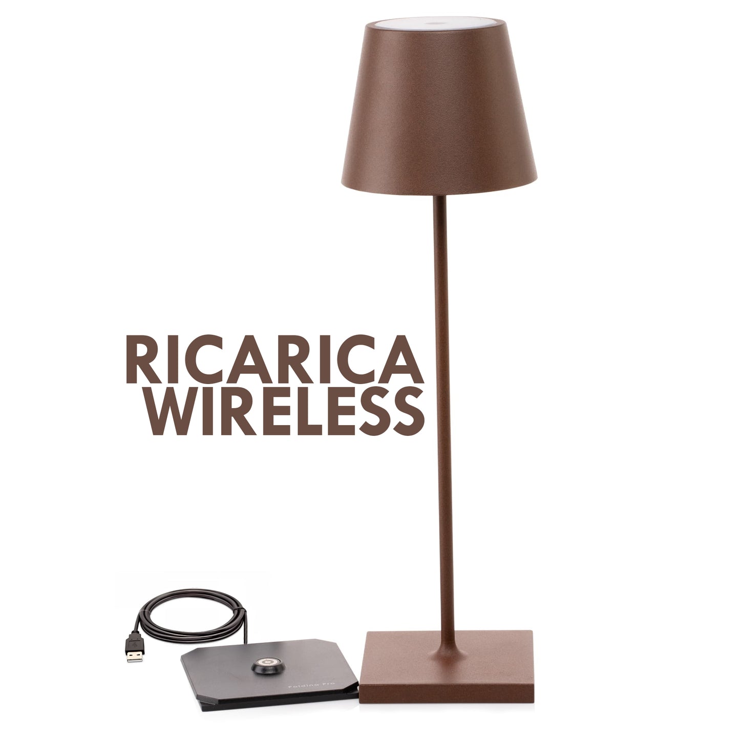 Kelù Chloé Choco Lampe de table LED sans fil rechargeable H38cm, variateur tactile 200 lumen, recharge sans fil, corps en aluminium marron, durée 9 heures, IP54