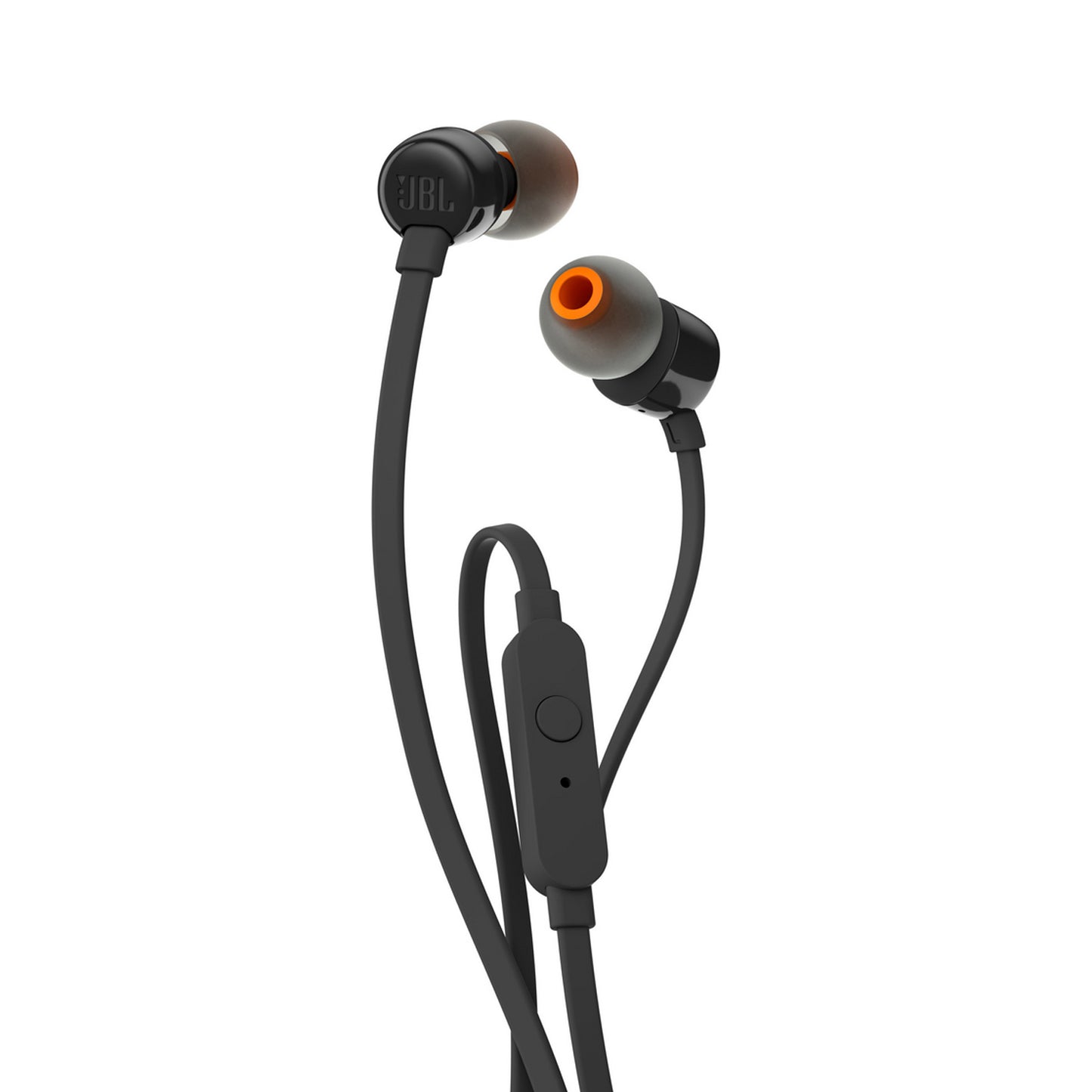 JBL T110 Écouteurs intra-auriculaires avec microphone, câble plat anti-nœuds, commande à un bouton, son JBL Pure Bass, noir