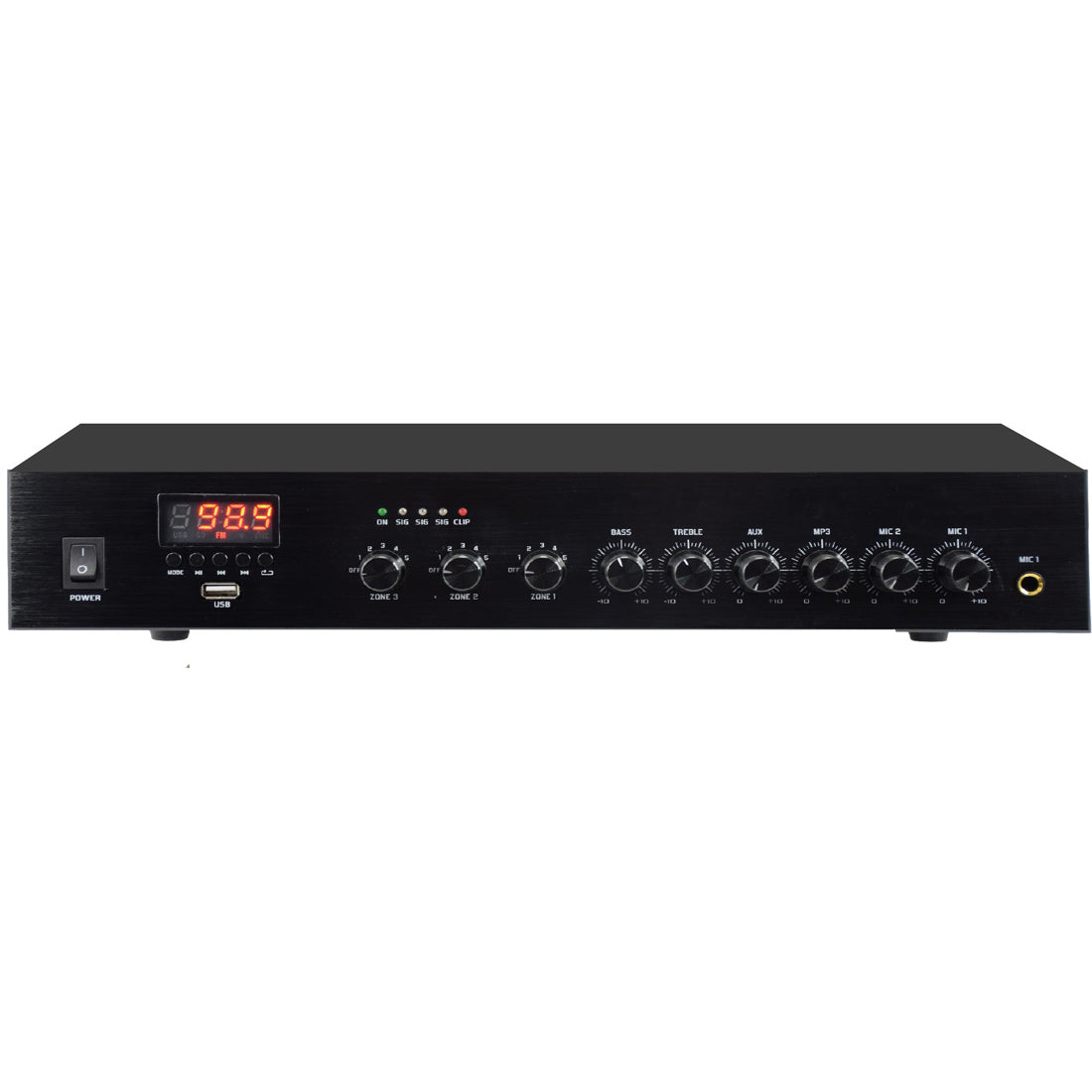 Karma 3-zone PA amplifier with bluetooth, MP3 player and USB port, amplifier with 2 microphone inputs