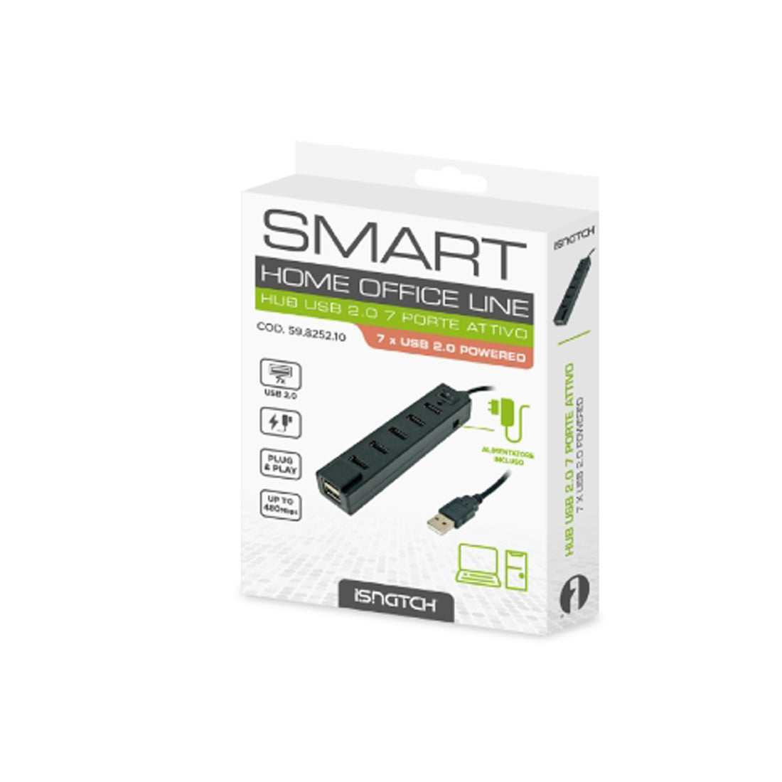ISNATCH Hub actif, hub USB 2.0, alimentation 7 ports, adaptateur secteur USB avec interrupteur marche/arrêt
