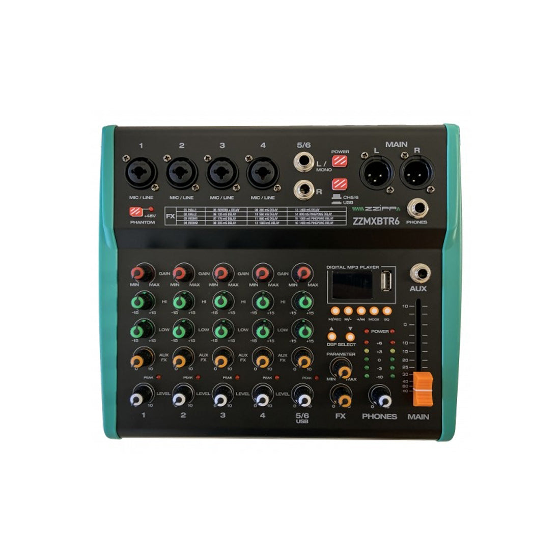 ZZIPP Mixer compatto 6 canali con multieffetto DSP, lettore Mp3, 4 ingressi Mic