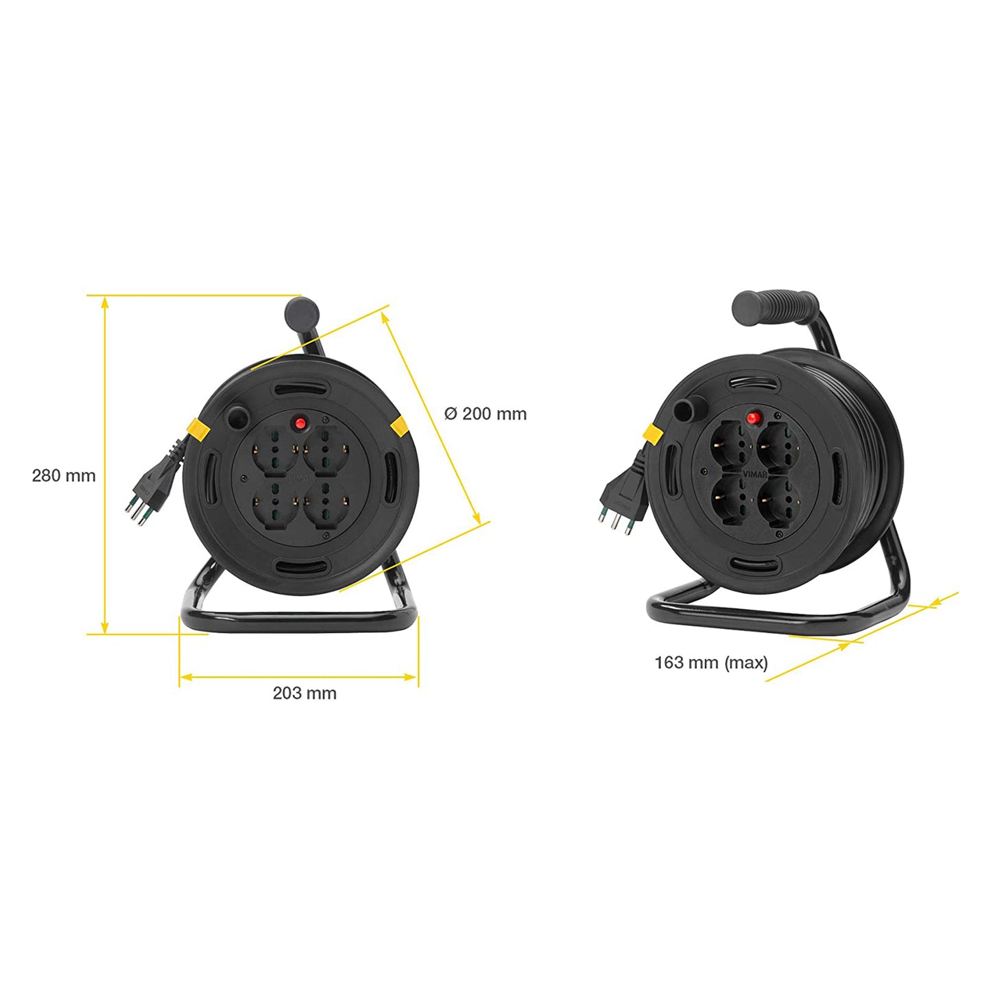 VIMAR Cable reel 16A 230V, with S17 2P+T plug and 4 P40 type universal sockets, 15m long cable, thermal circuit breaker for protection against overload