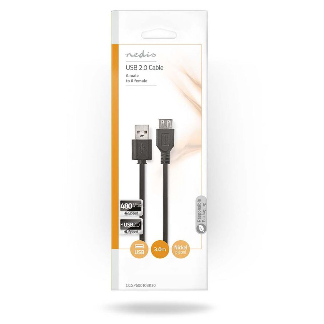 Nedis cavo USB 2.0 placcato Nickel da 480 Mbit, Usb-A maschio a Usb-A femmina, lunghezza cavo 3 m