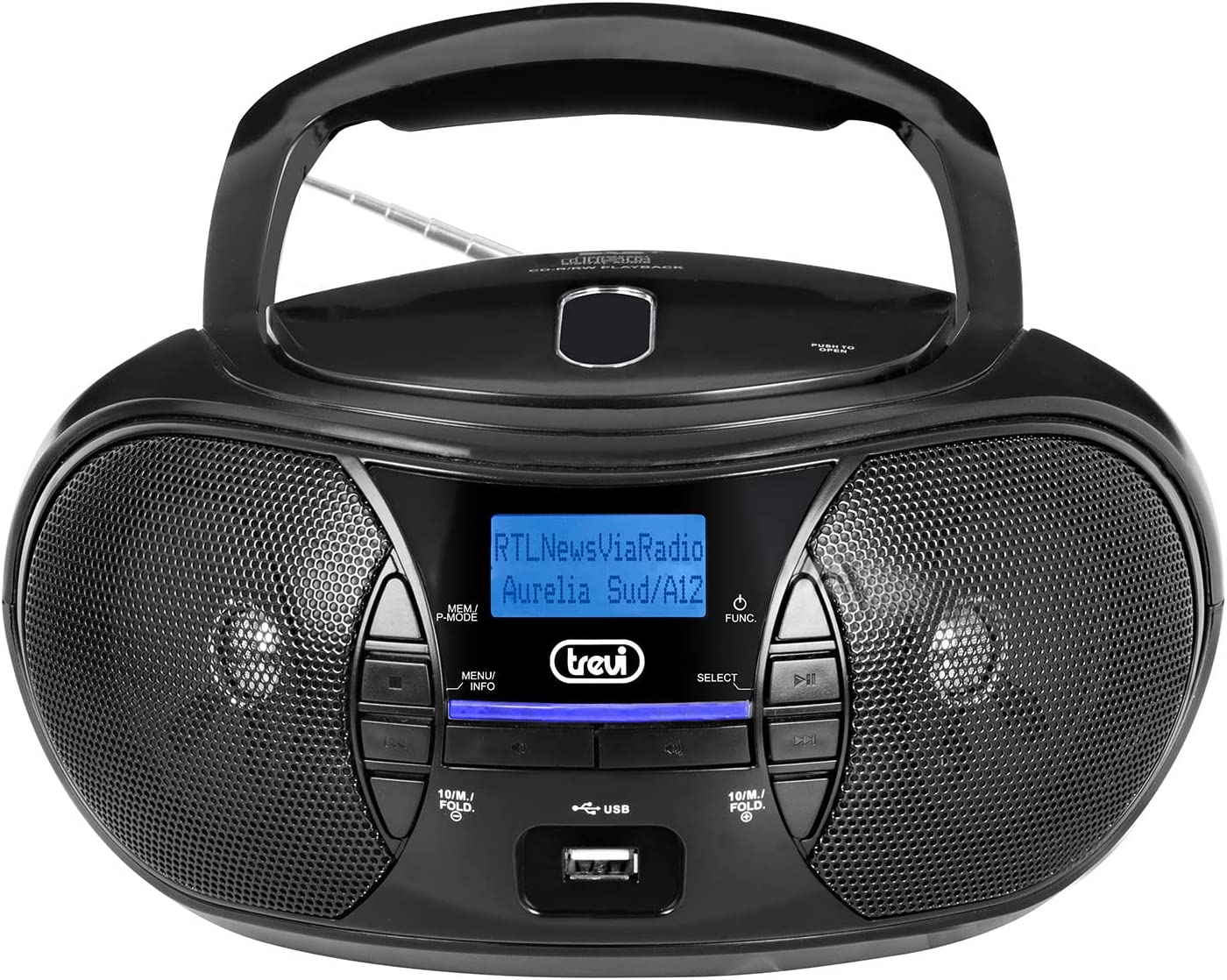 Trevi Stereo portatile Boombox Dab+ con lettore CD/MP3, display Dot Matrix e ingresso USB