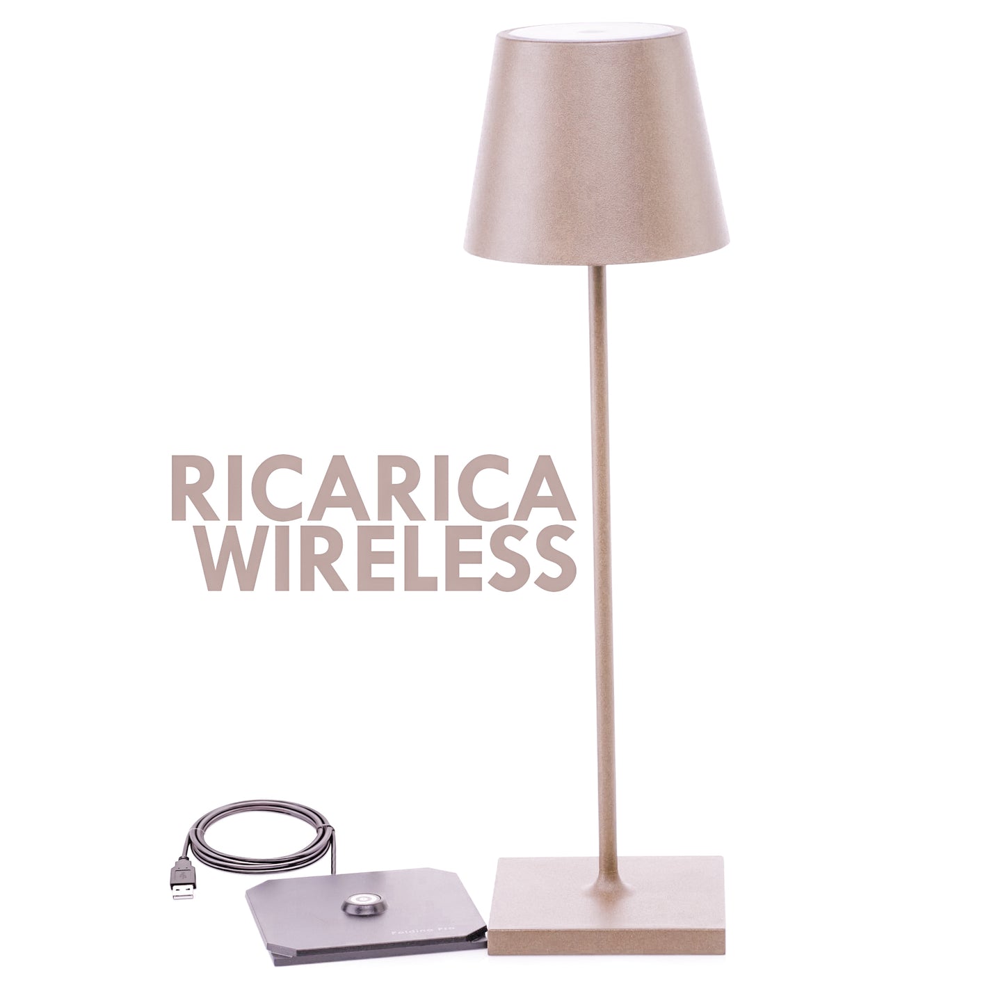 Kelù Chloé Ivoire Lampe de table LED sans fil rechargeable H38cm, variateur tactile 200 lumen, recharge sans fil, corps en aluminium ivoire, durée 9 heures, IP54