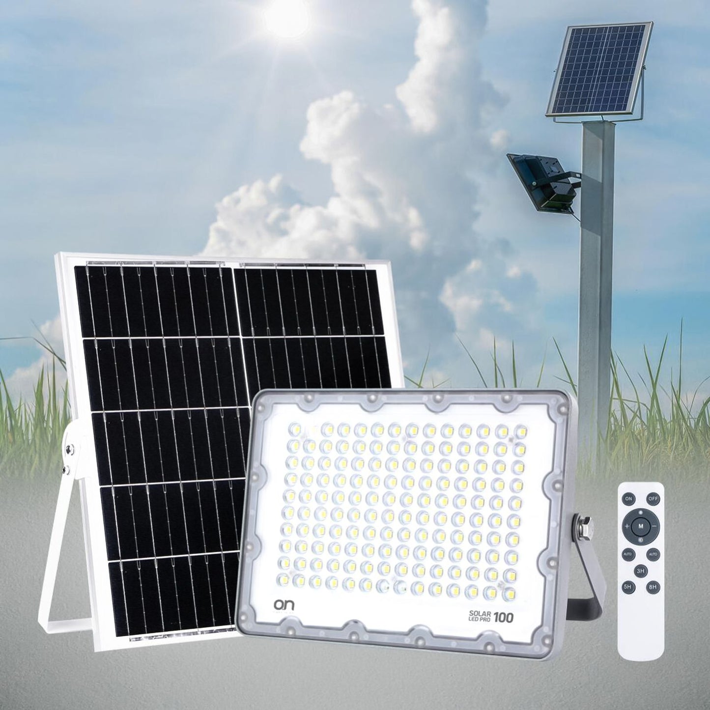 O.N Faretto solare da esterno con luce fredda, faro led con pannello solare e sensore per accensione automatica, lampada led da parete con fotovoltaico 4000K 2000lm