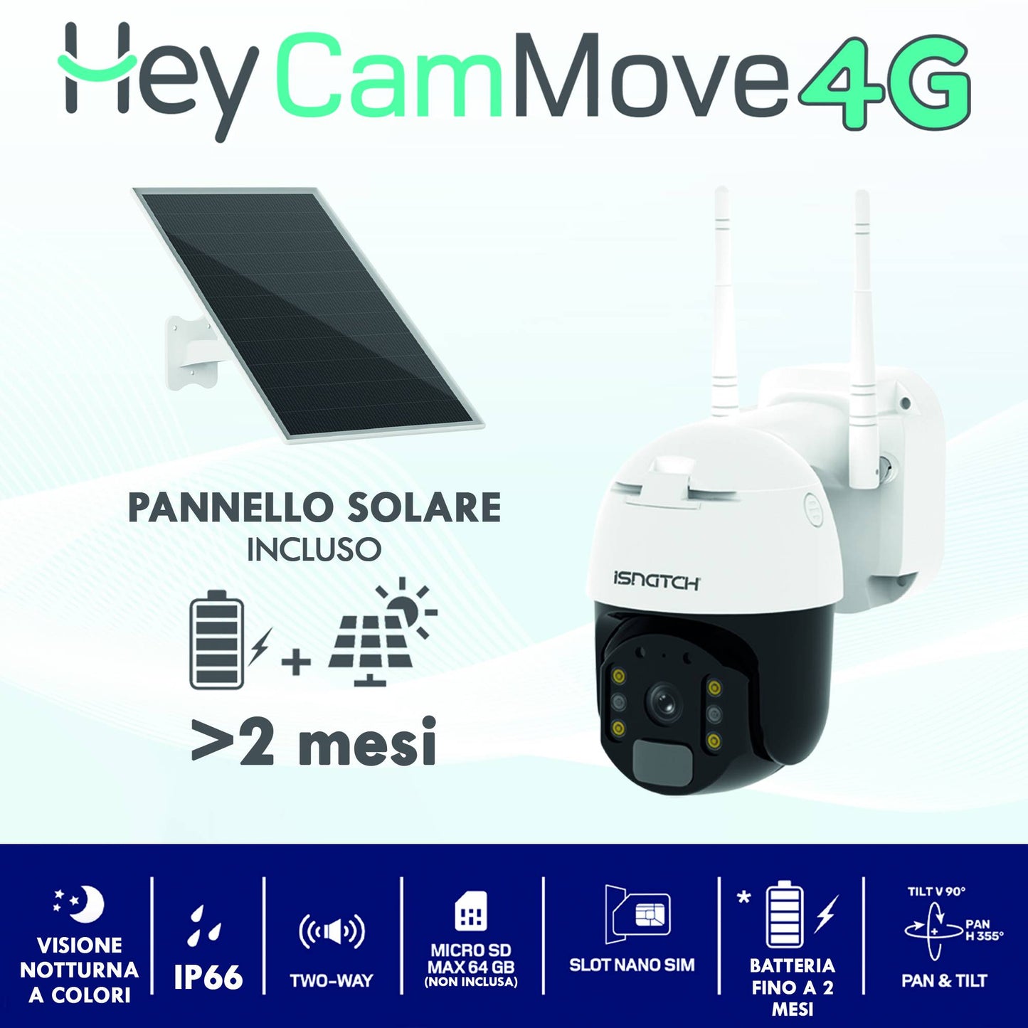 iSnatch HeyCam Move 4G 1080p Caméra Wi-Fi motorisée avec panneau solaire, caméra de sécurité à piles, vision nocturne couleur, parler et écouter