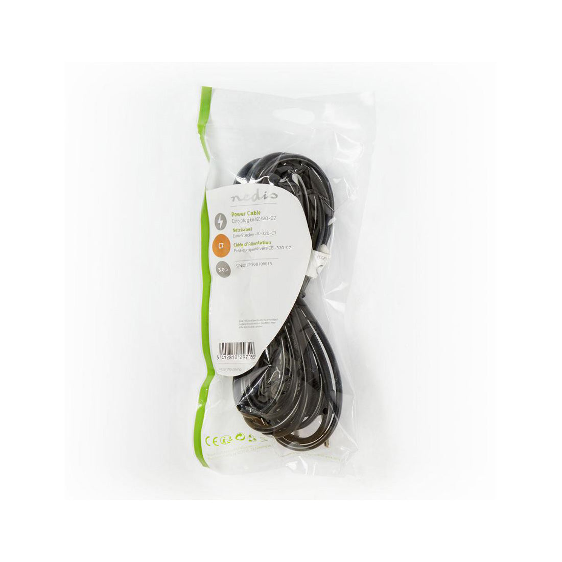 Cordon d'alimentation NEDIS avec connecteur Euro mâle IEC-320-C7, câble nickelé de 3 m