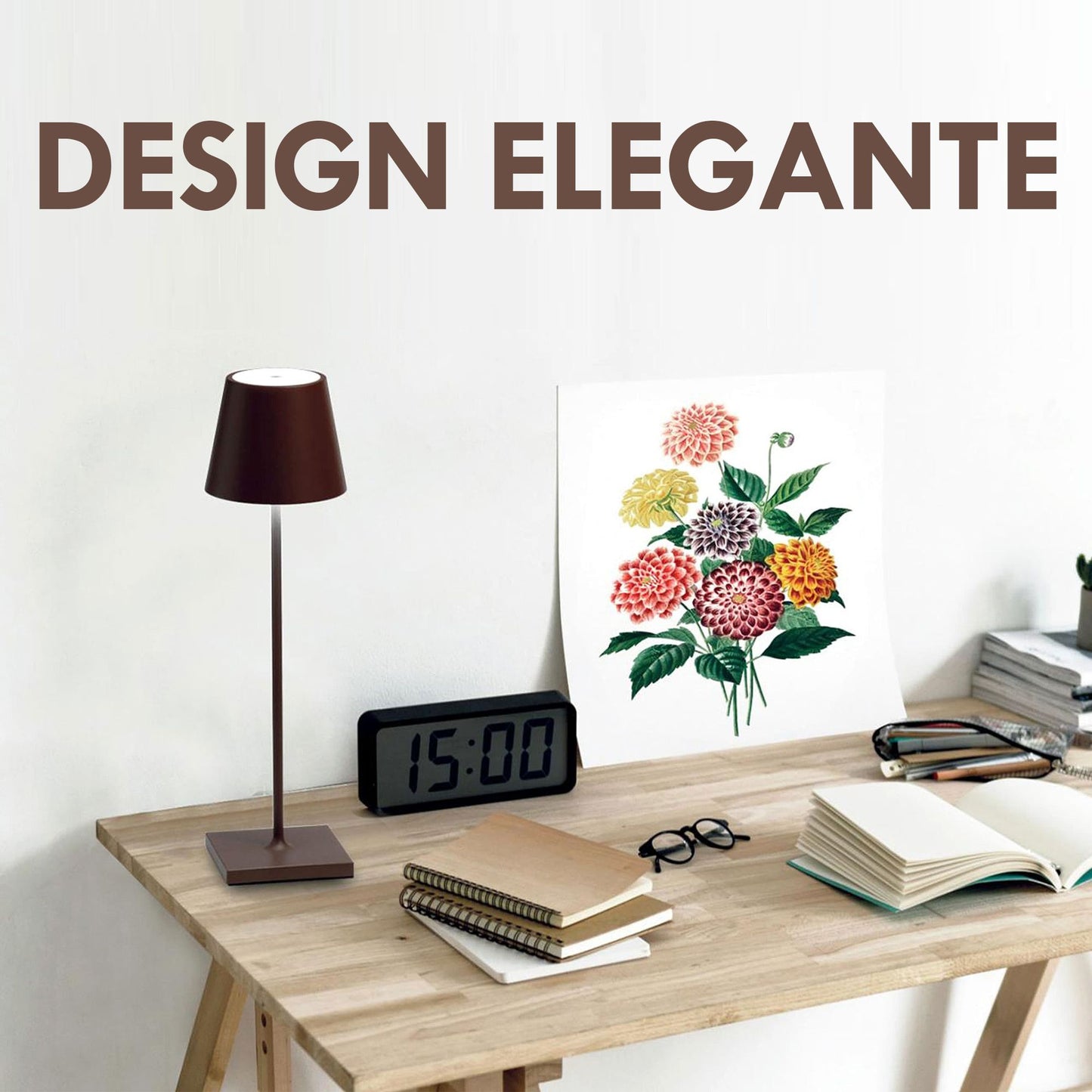 Kelù Chloé Choco Lampe de table LED sans fil rechargeable H38cm, variateur tactile 200 lumen, recharge sans fil, corps en aluminium marron, durée 9 heures, IP54