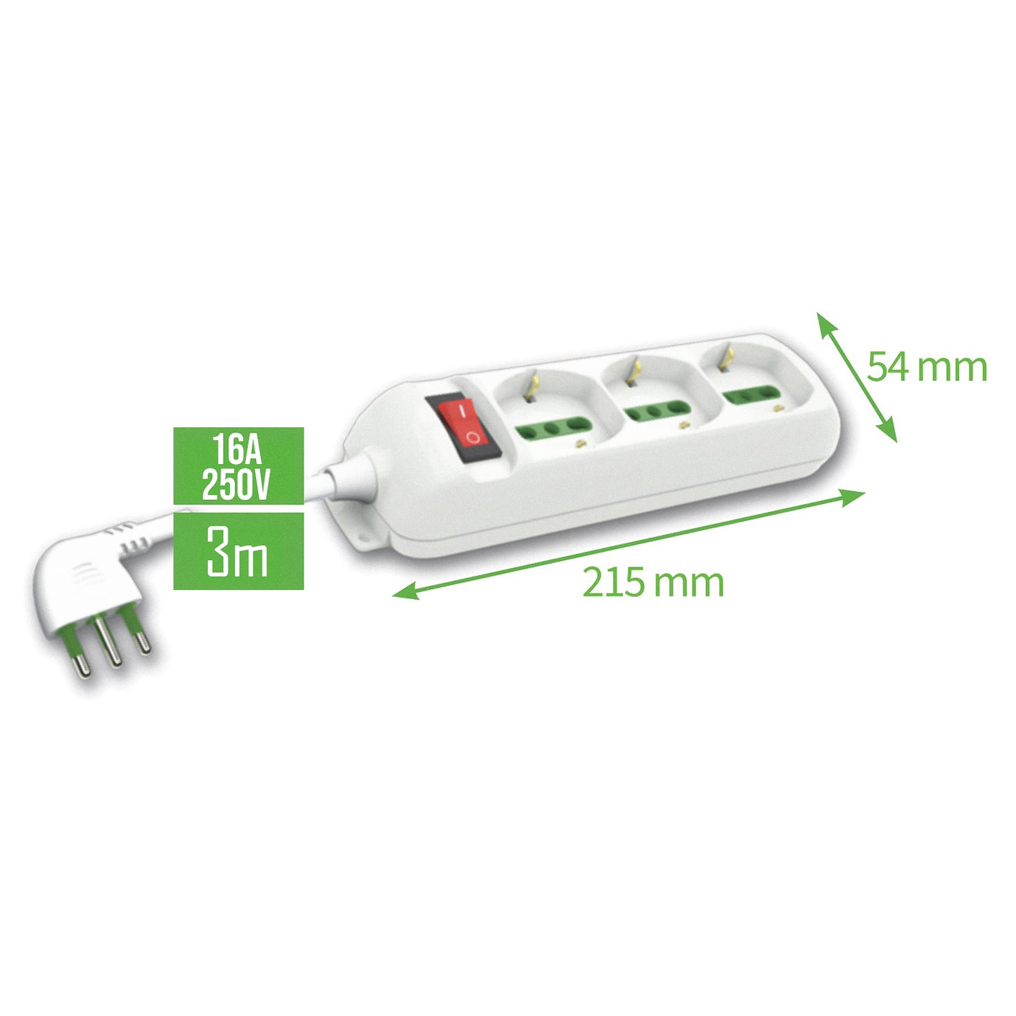 LinkLed Multipresa con interruttore a 3 ingressi 10/16A, ciabatta elettrica 3 prese universali bipasso schuko 250V, cavo da 3m, 3680W max