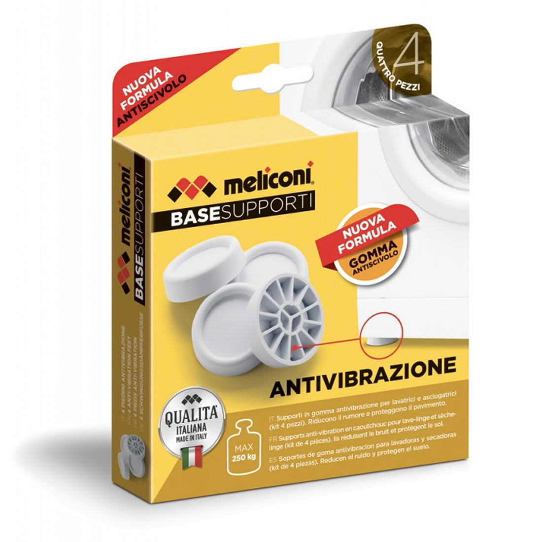 Meliconi KIt 4 supporti in gomma antivibrazione, piedi antiscivolo per lavatrice, piedini per asciugatrice, stabilizzatore elettrodomestici