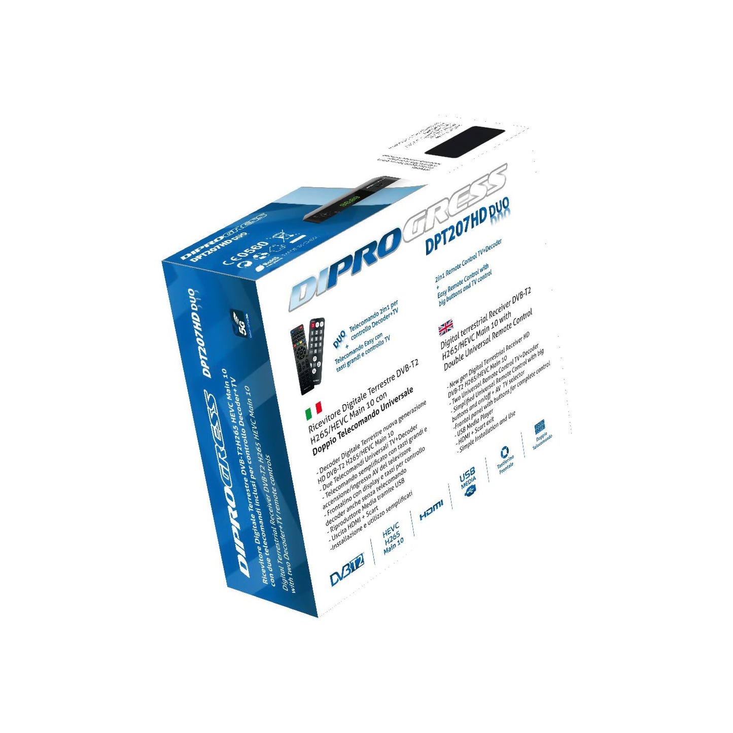DIPROGRESS DPT207HD Decoder DVB-T2 Hevc 10 bit, ricevitore digitale terrestre con due telecomandi universali 2 in 1, porta USB, HDMI, Scart, nero