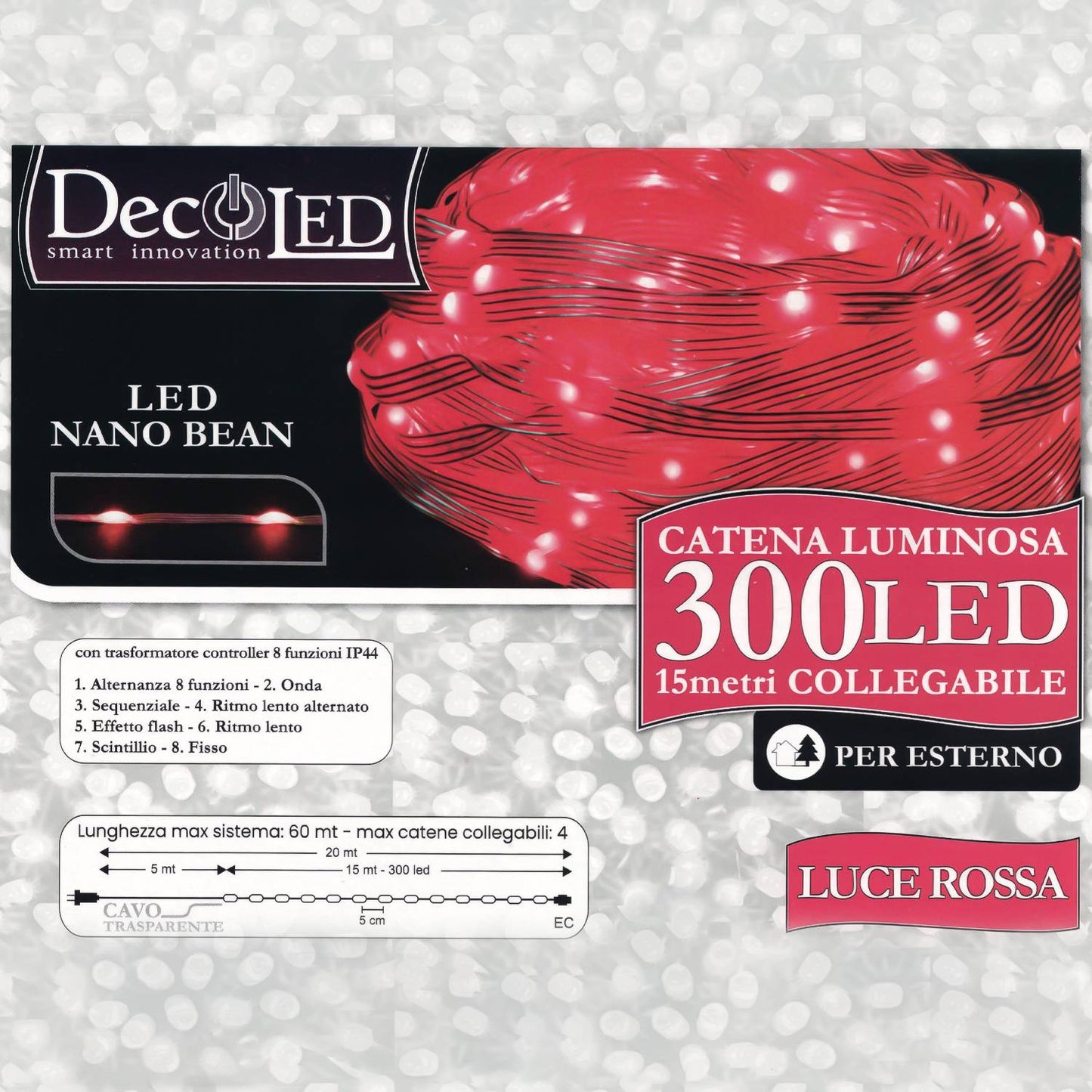 Decoled Guirlande lumineuse d'extérieur 300 LED lumière rouge, LED Nano Bean IP44, lumières de Noël modulaires, décorations lumineuses étanches, câble transparent