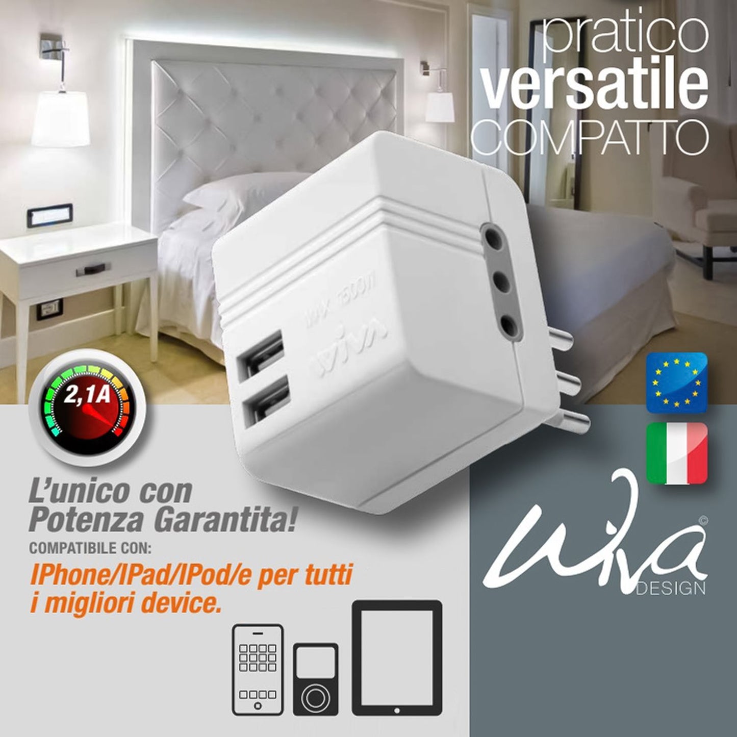 Wiva Cube Adaptor Adattatore salvaspazio con 2 prese 16A 2P+T Standard Bipasso e due porte USB, Max 1500W