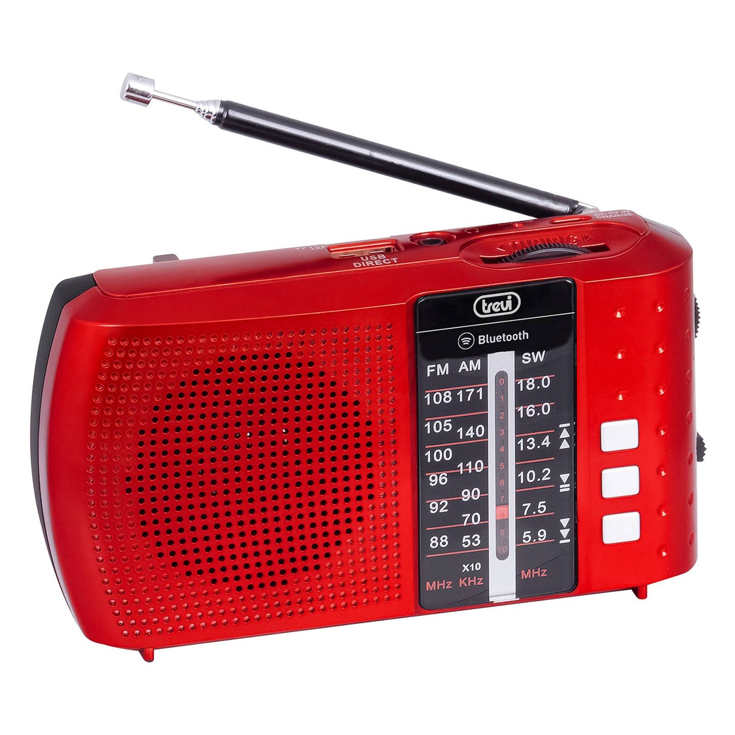 Radio portable Trevi multibande, stéréo avec fonction Bluetooth, entrée USB, lecteur micro SD, couleur rouge