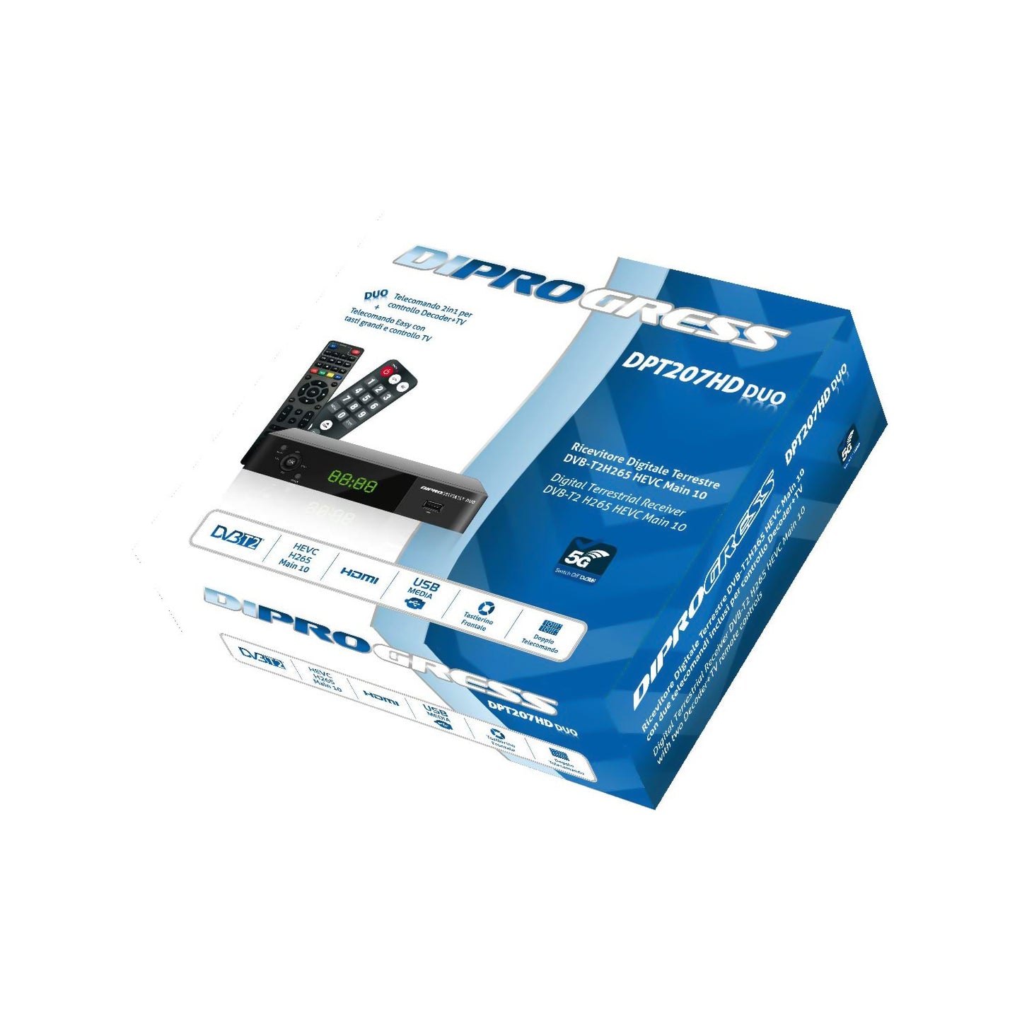 DIPROGRESS DPT207HD Decoder DVB-T2 Hevc 10 bit, ricevitore digitale terrestre con due telecomandi universali 2 in 1, porta USB, HDMI, Scart, nero