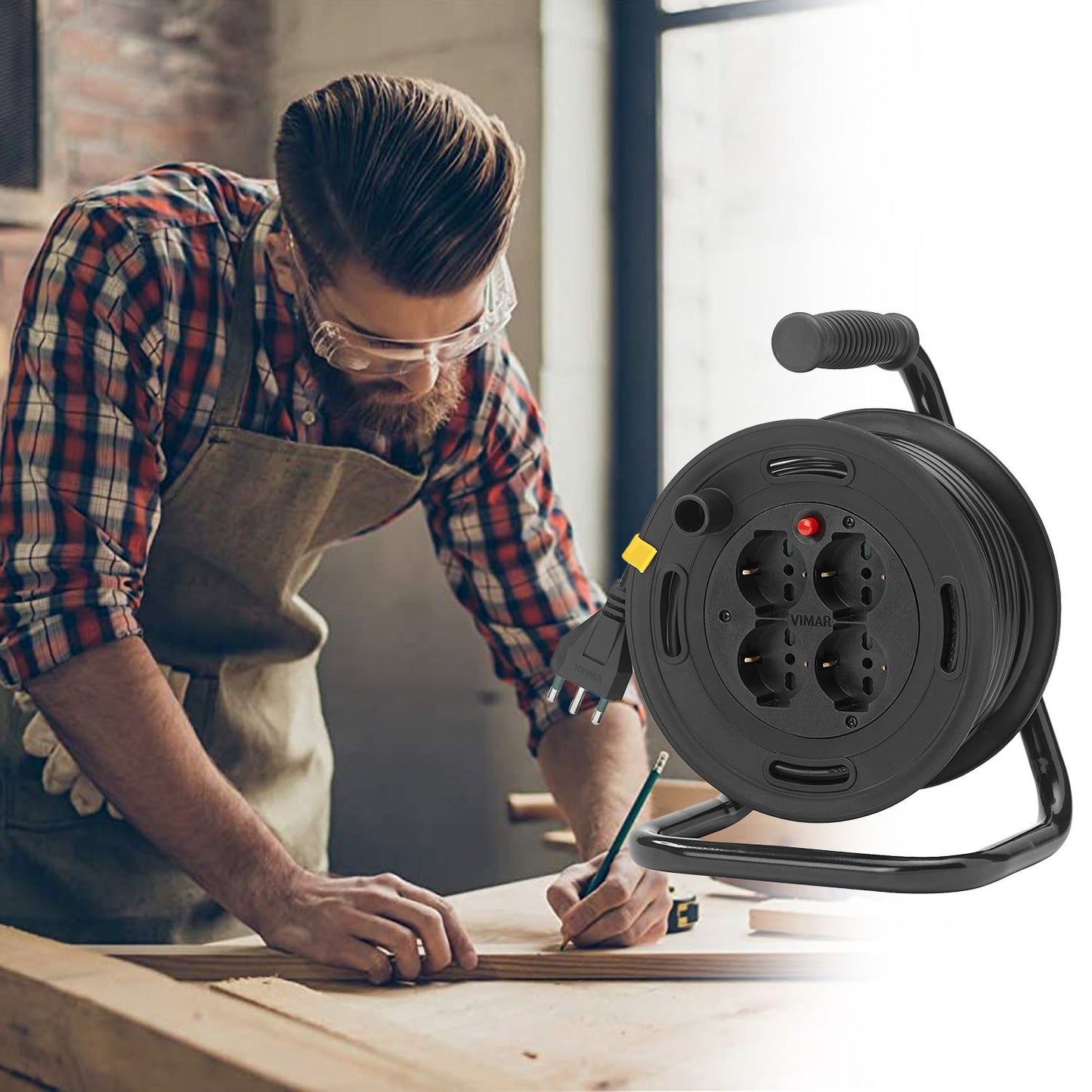 VIMAR Cable reel 16A 230V, with S17 2P+T plug and 4 P40 type universal sockets, 15m long cable, thermal circuit breaker for protection against overload