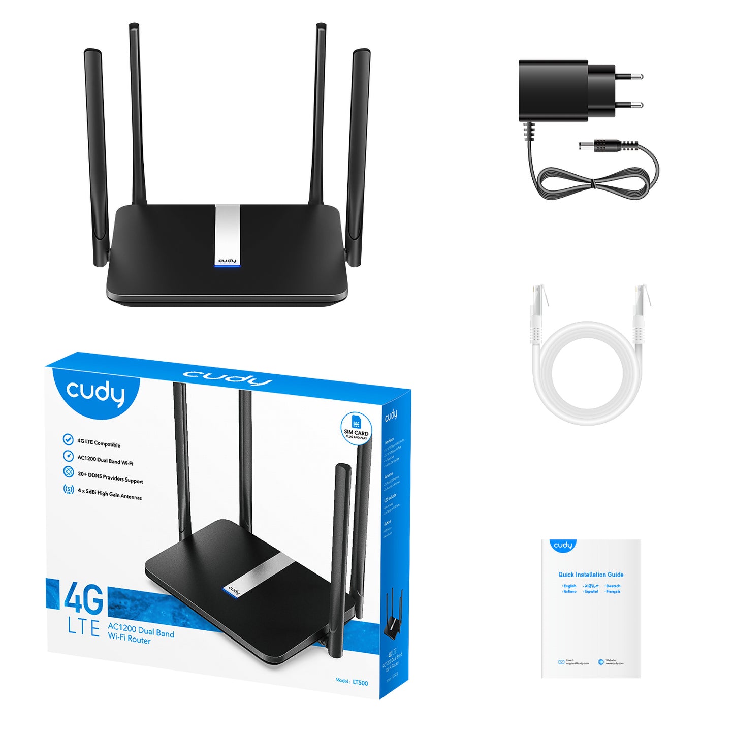 Cudy AC1200 WiFi Mesh router 4G LTE avec sim, Dual-Band 1200Mbps, 4 ports LAN/WAN 100Mbps, 4 antennes 5 dBi, DDNS, FDD et TDD, VPN, Alternative à l'ADSL, LT500