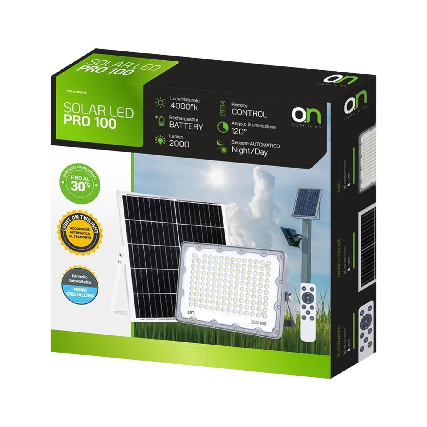 O.N Faretto solare da esterno con luce fredda, faro led con pannello solare e sensore per accensione automatica, lampada led da parete con fotovoltaico 4000K 2000lm