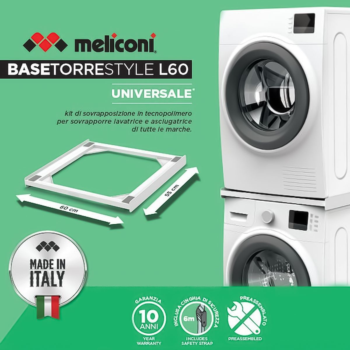 Meliconi Kit di sovrapposizione universale per lavatrice e asciugatrice in tecnopolimero, cinghia di sicurezza inclusa, 60x55cm, made in Italy