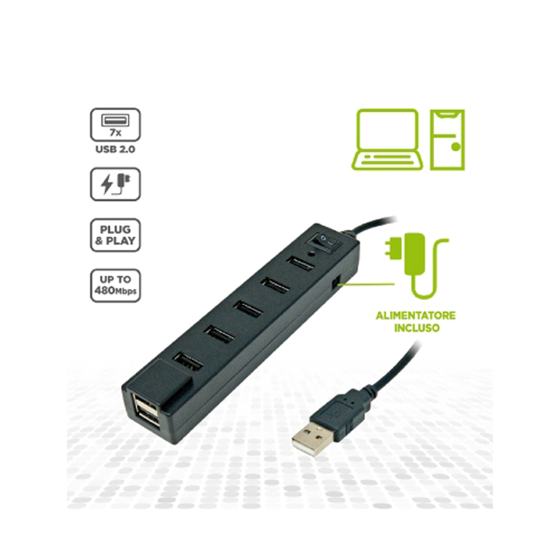 ISNATCH Hub actif, hub USB 2.0, alimentation 7 ports, adaptateur secteur USB avec interrupteur marche/arrêt