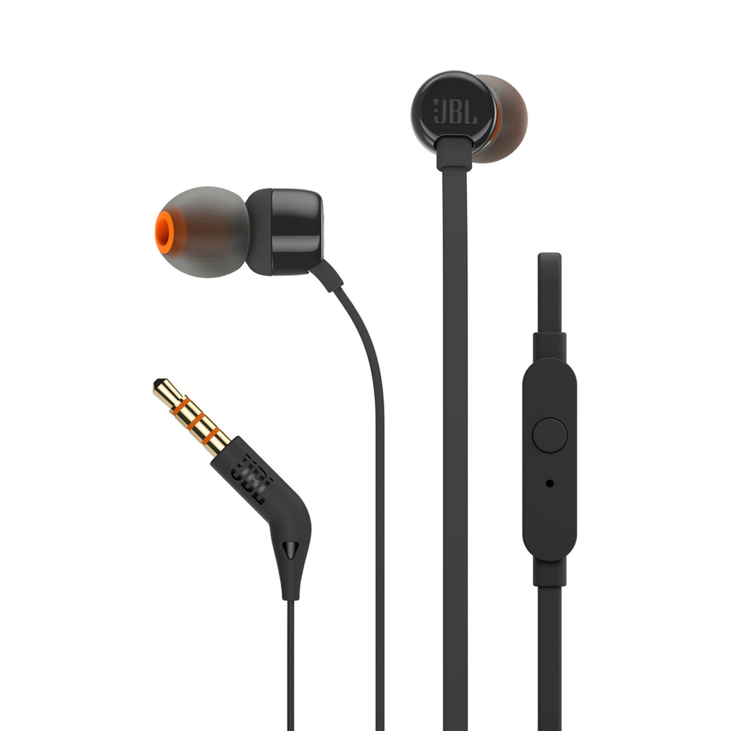 JBL T110 Écouteurs intra-auriculaires avec microphone, câble plat anti-nœuds, commande à un bouton, son JBL Pure Bass, noir