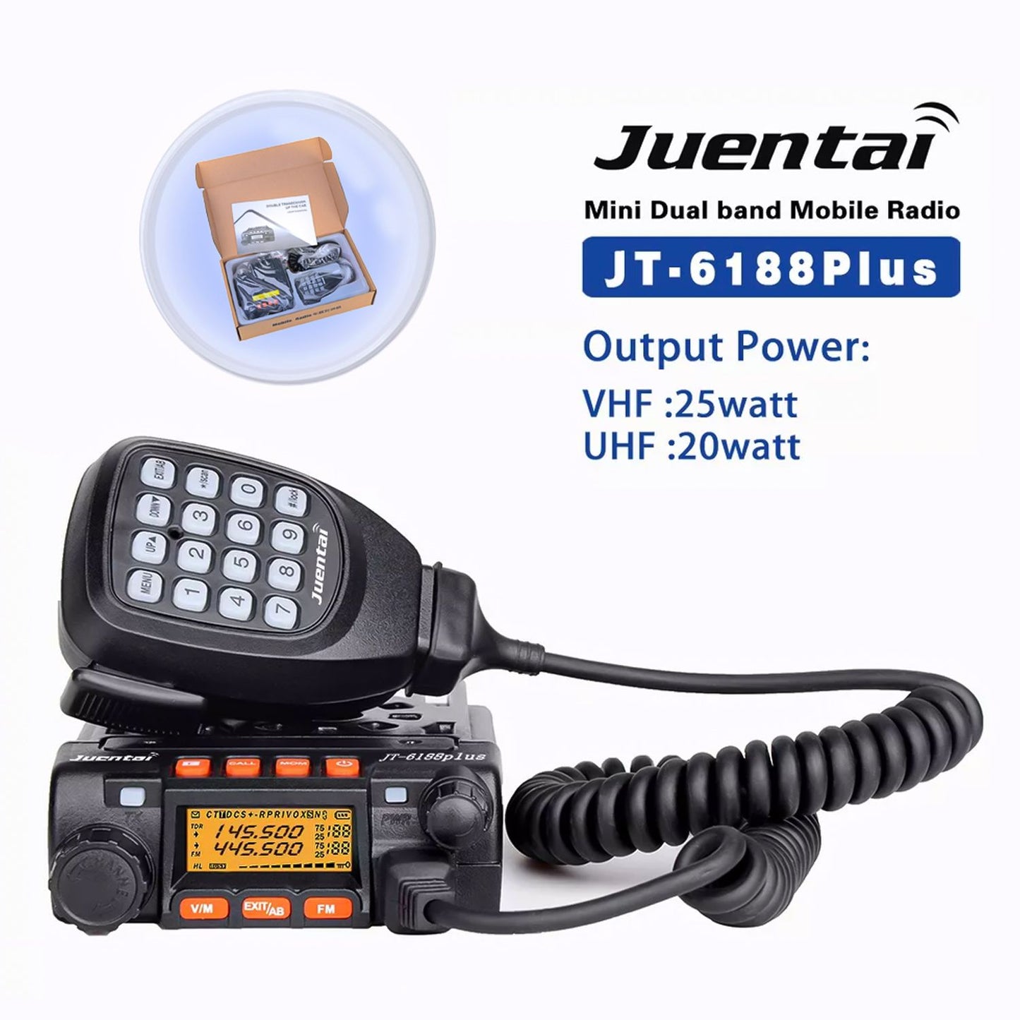 Juentai JT-6188 Mini émetteur-récepteur de véhicule bi-bande, microphone à clavier, 200 canaux de mémoire, écran couleur personnalisable