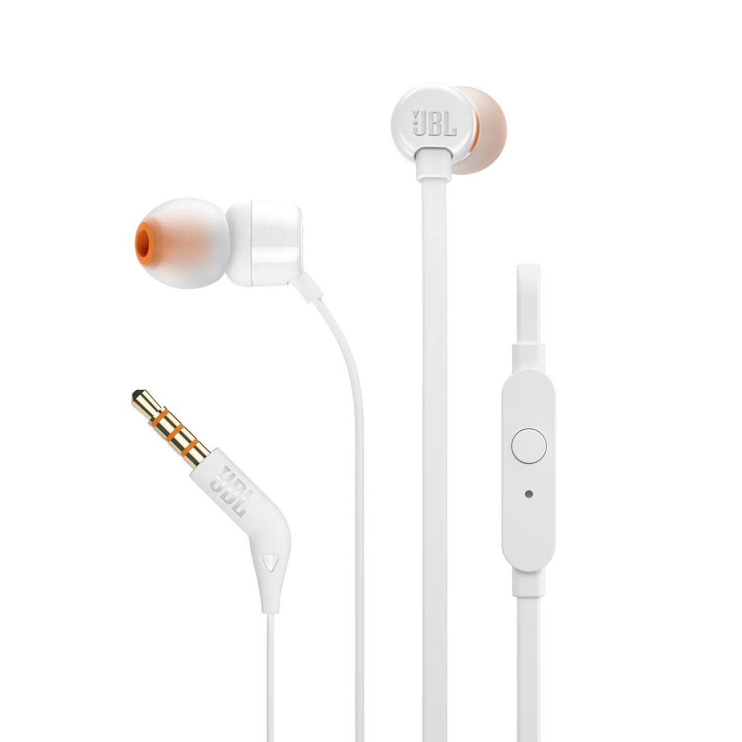 JBL T110 Écouteurs intra-auriculaires avec microphone, câble plat anti-nœuds, commande à un bouton, son JBL Pure Bass, blanc