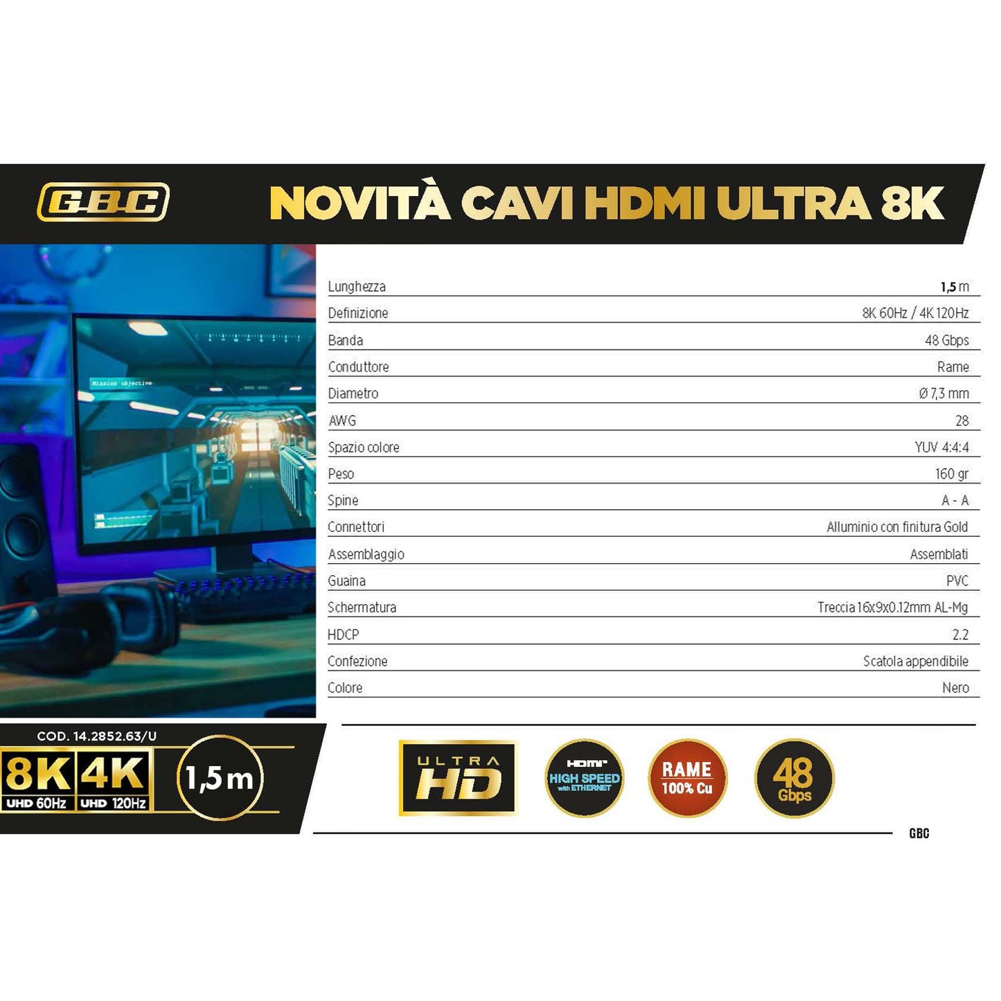 Câble HDMI 2.1 GBC de 1,5 mètre, prend en charge 8K à 60 Hz, ultra haut débit 48 Gbit/s avec Ethernet, connecteurs plaqués or