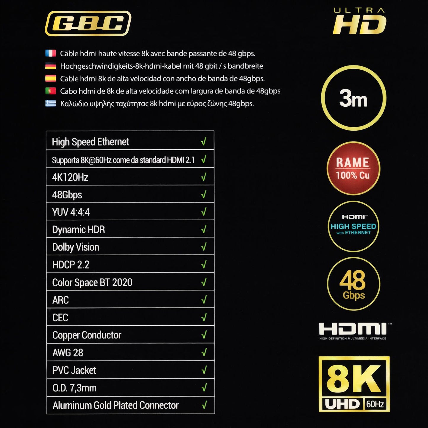 Câble HDMI 2.1 GBC de 3 mètres, prend en charge 8K à 60 Hz, ultra haut débit 48 Gbit/s avec Ethernet, connecteurs plaqués or